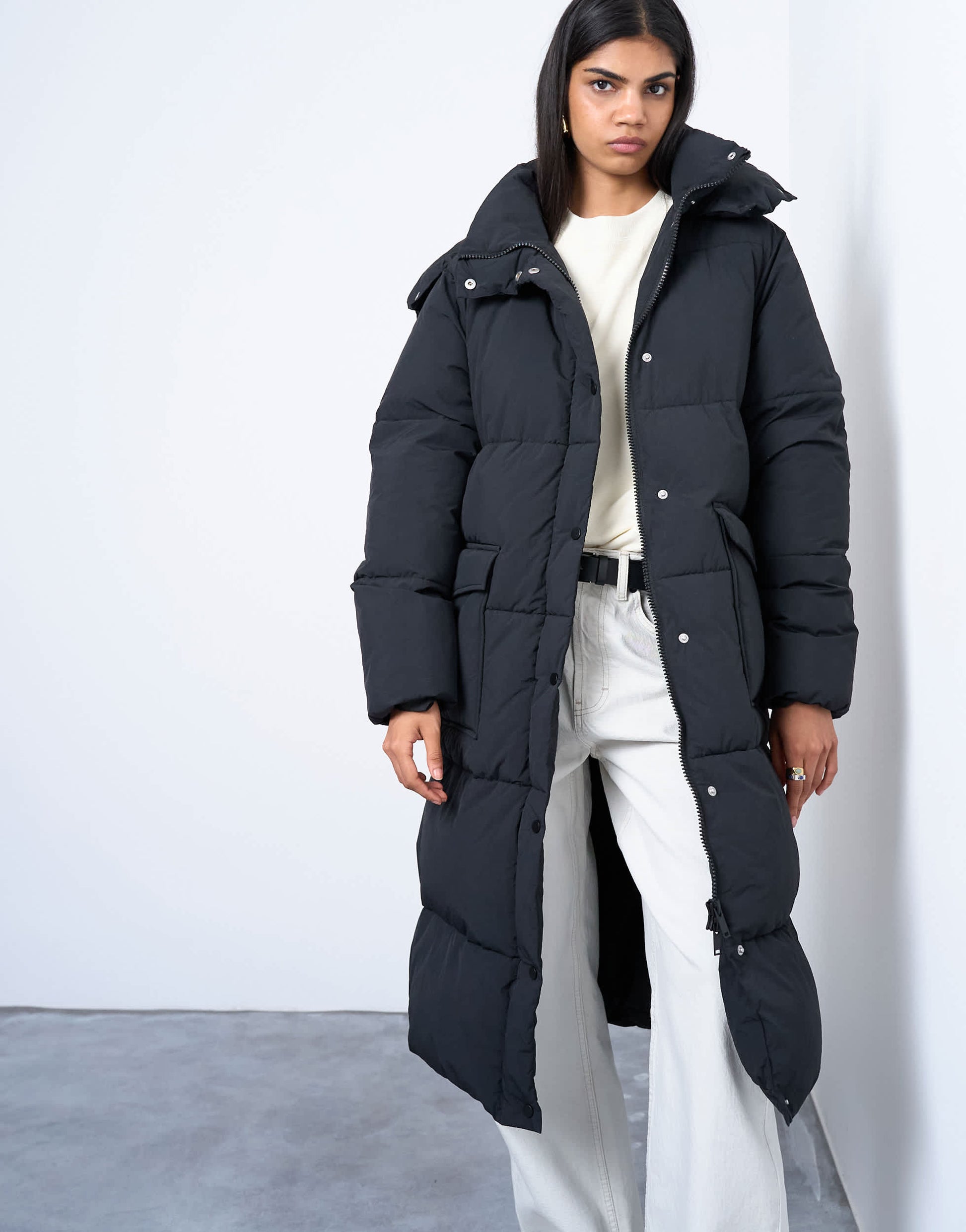 Topshop ultimate longline funnel neck puffer jacket in black