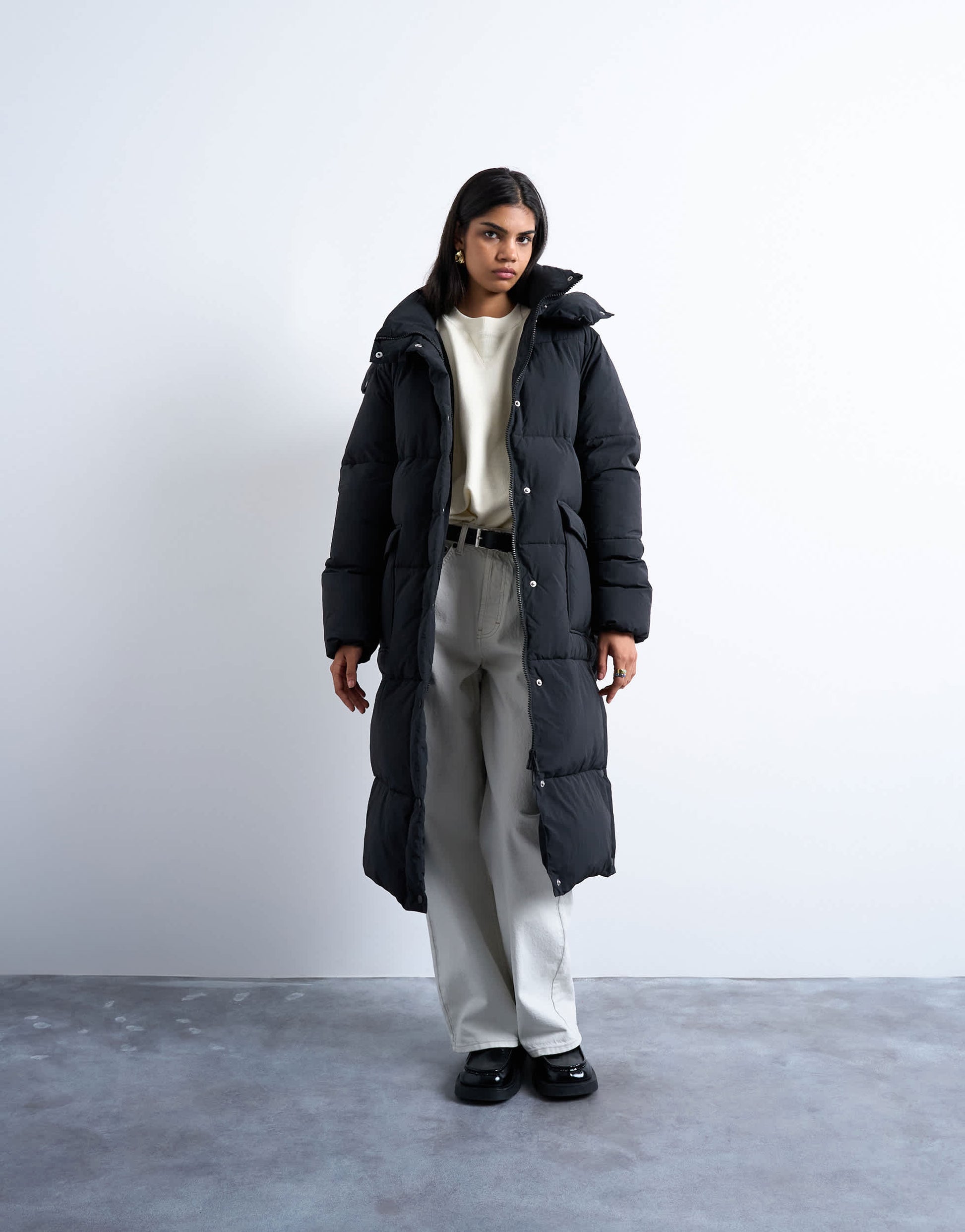 Topshop ultimate longline funnel neck puffer jacket in black