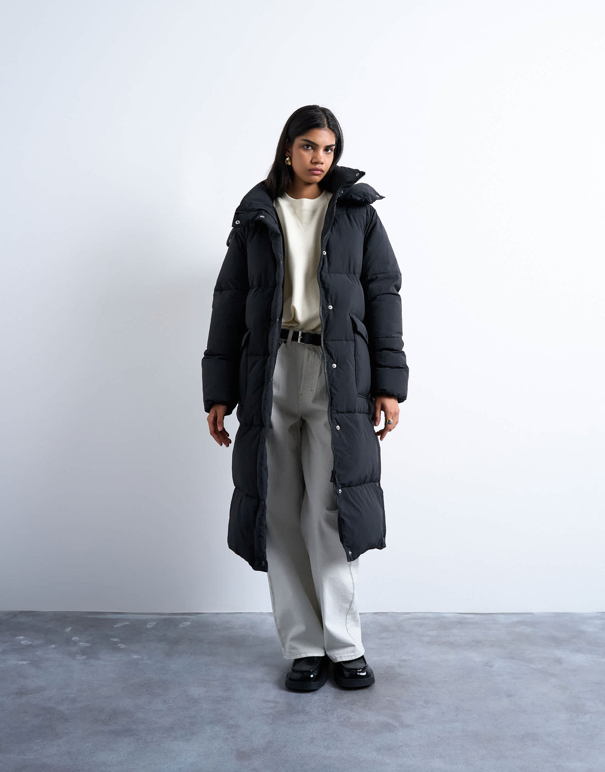 Topshop ultimate longline funnel neck puffer jacket in black