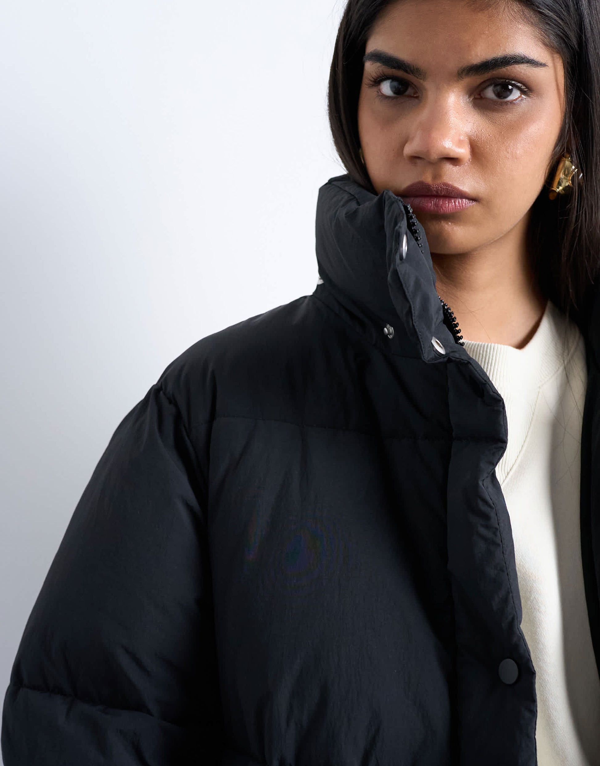 Topshop ultimate longline funnel neck puffer jacket in black