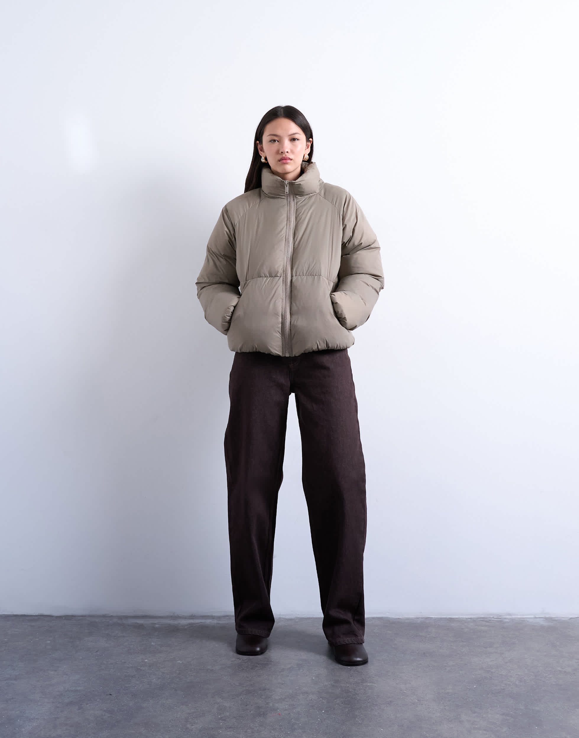 Topshop funnel neck puffer bomber jacket in mushroom
