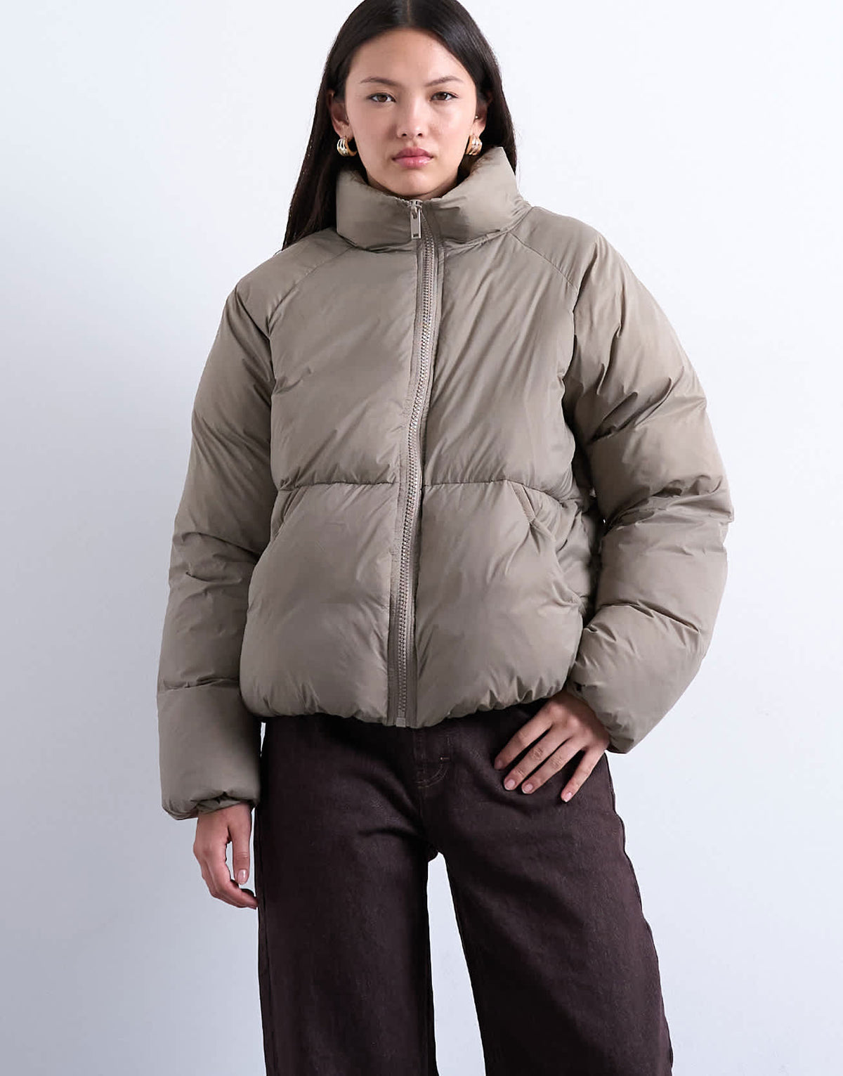 Topshop funnel neck puffer bomber jacket in mushroom