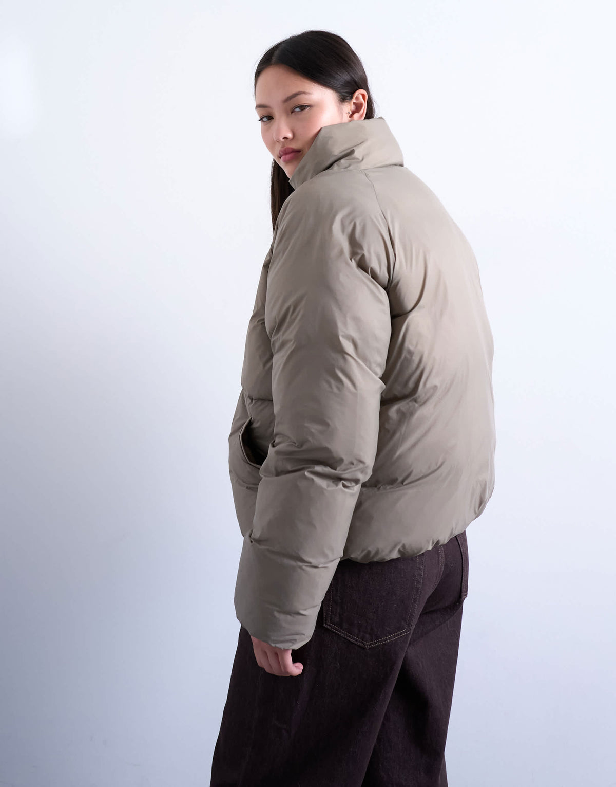 Topshop funnel neck puffer bomber jacket in mushroom