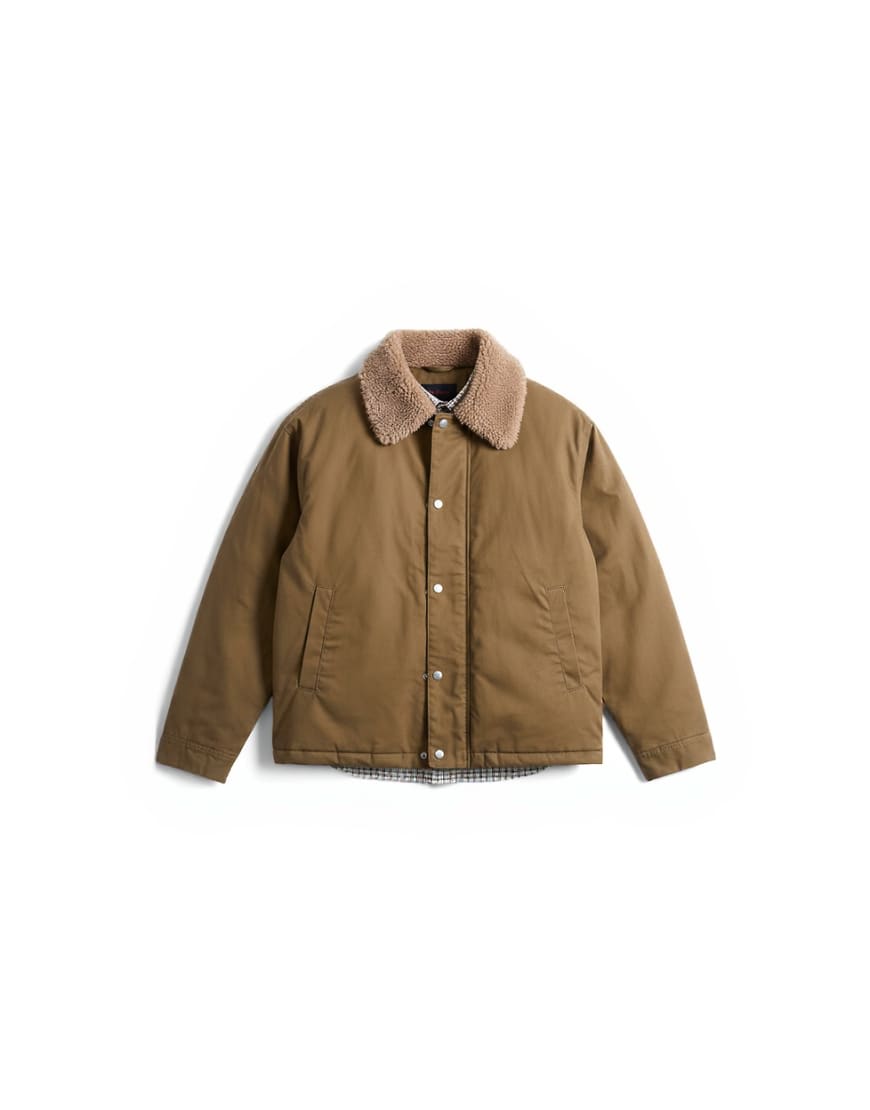 Topman padded coach jacket with borg collar in stone