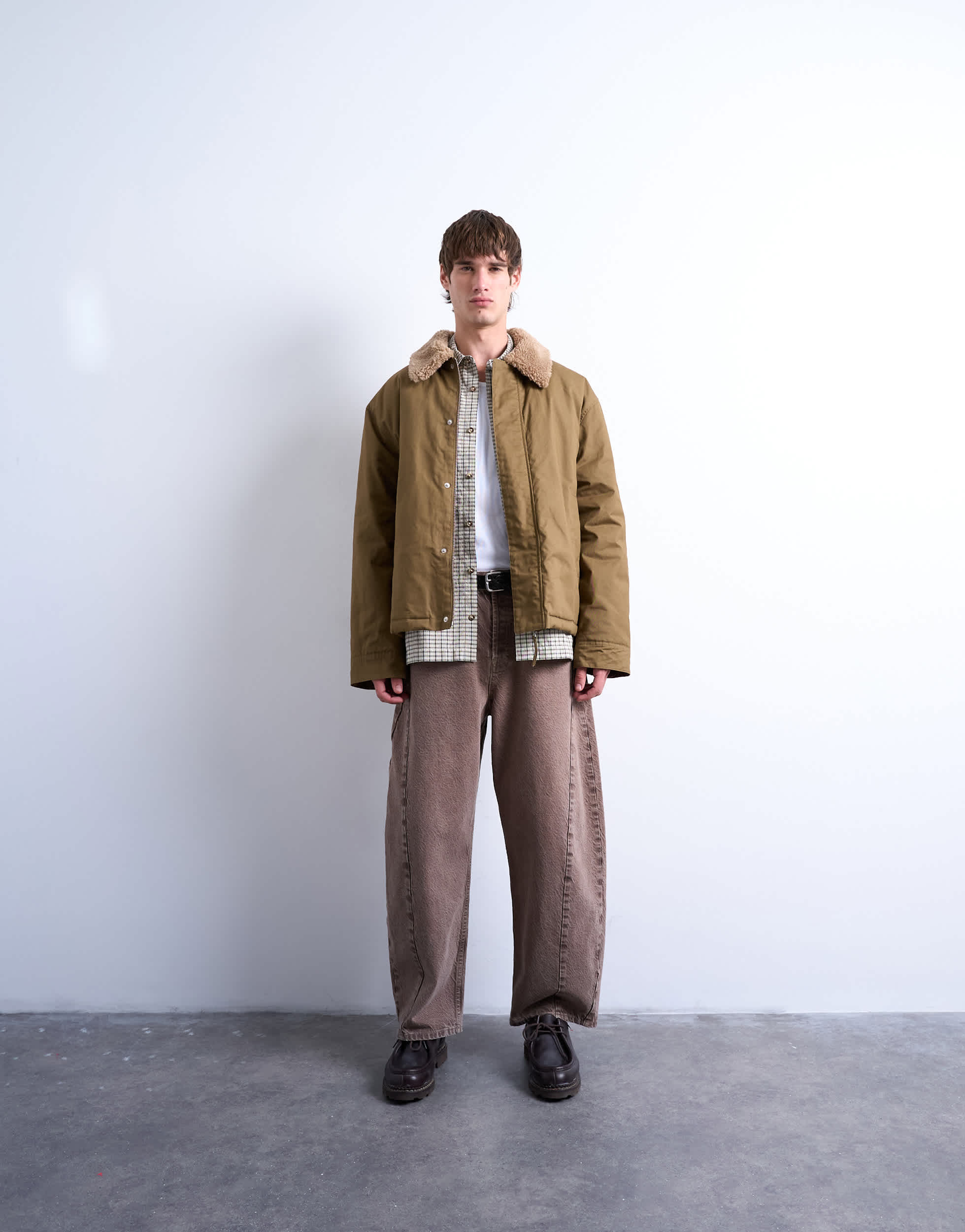 Topman padded coach jacket with borg collar in stone