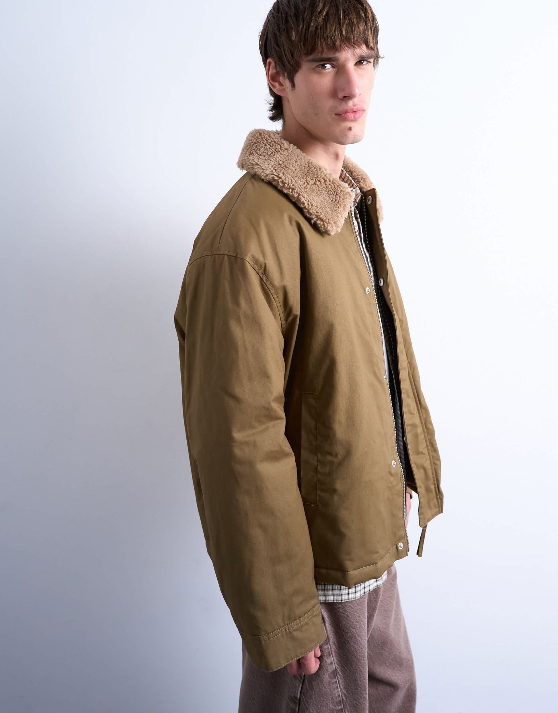 Topman padded coach jacket with borg collar in stone