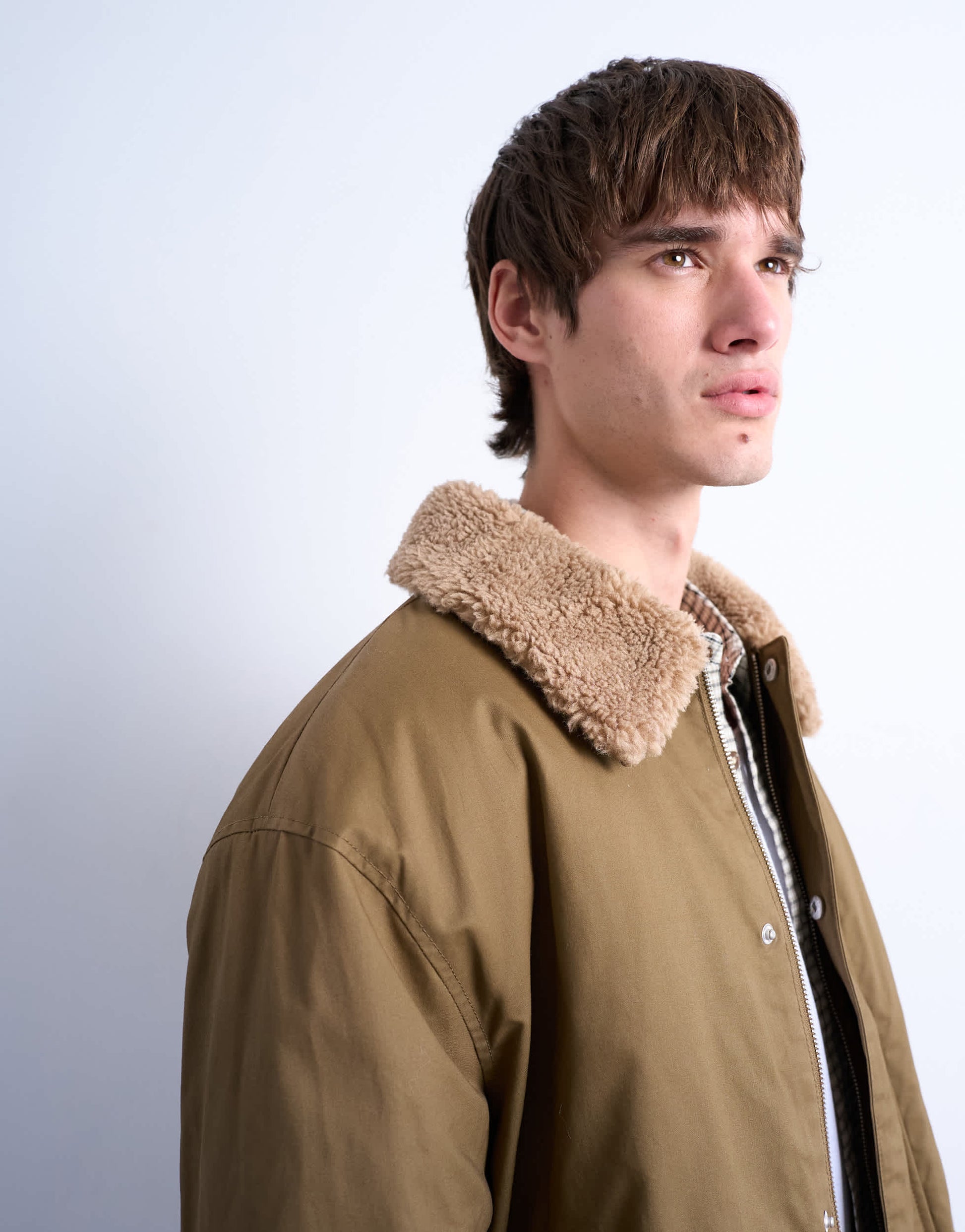 Topman padded coach jacket with borg collar in stone