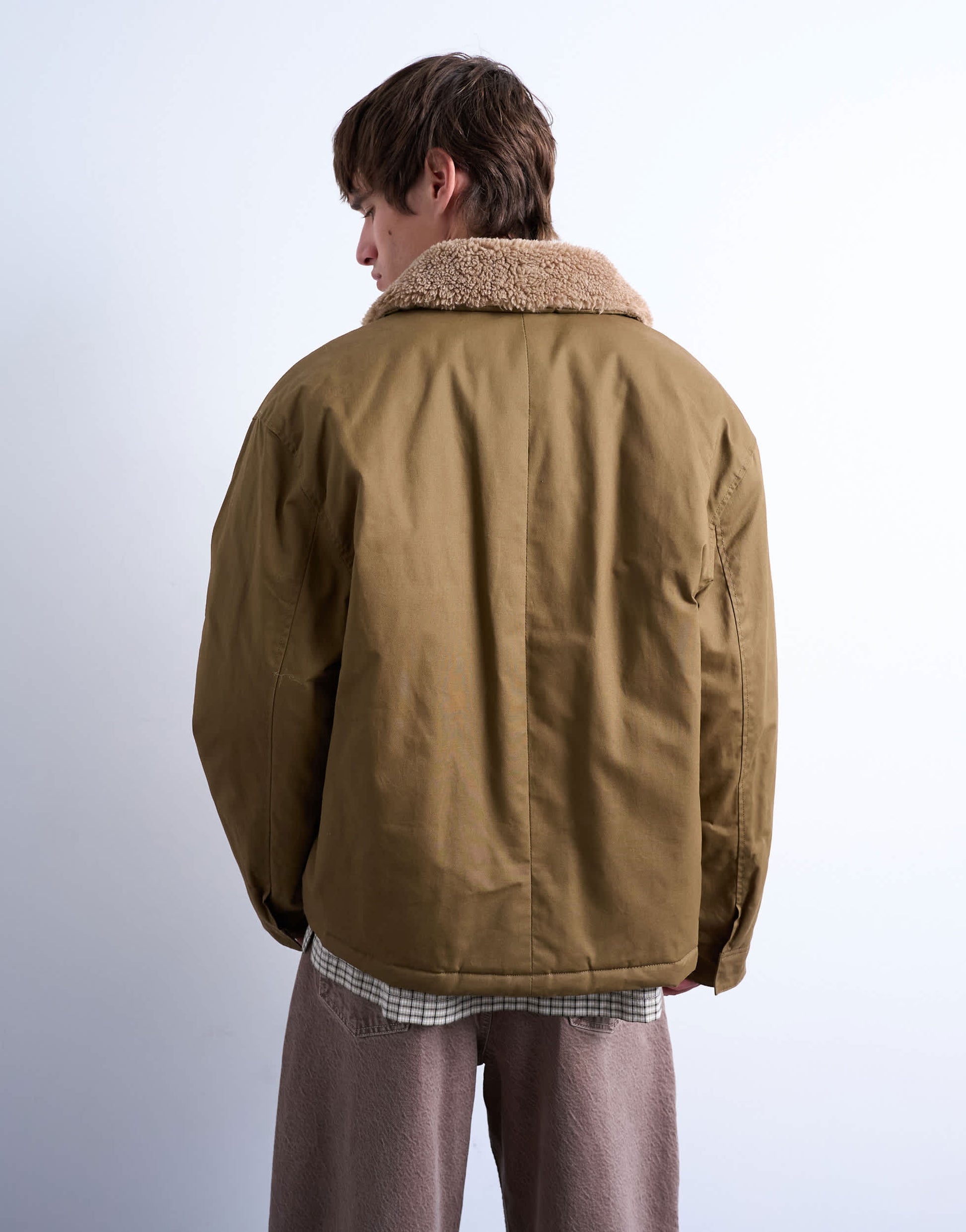 Topman padded coach jacket with borg collar in stone