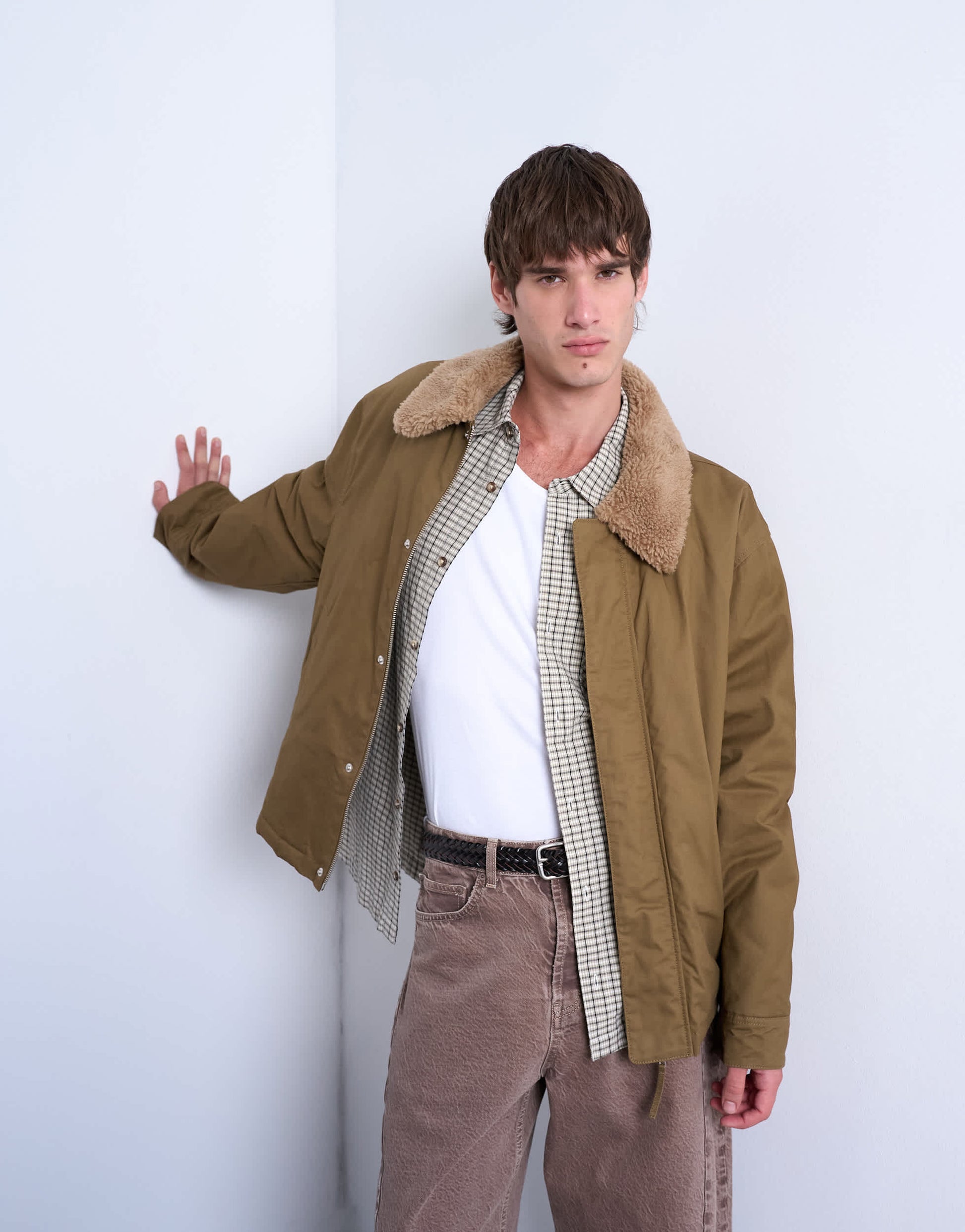Topman padded coach jacket with borg collar in stone