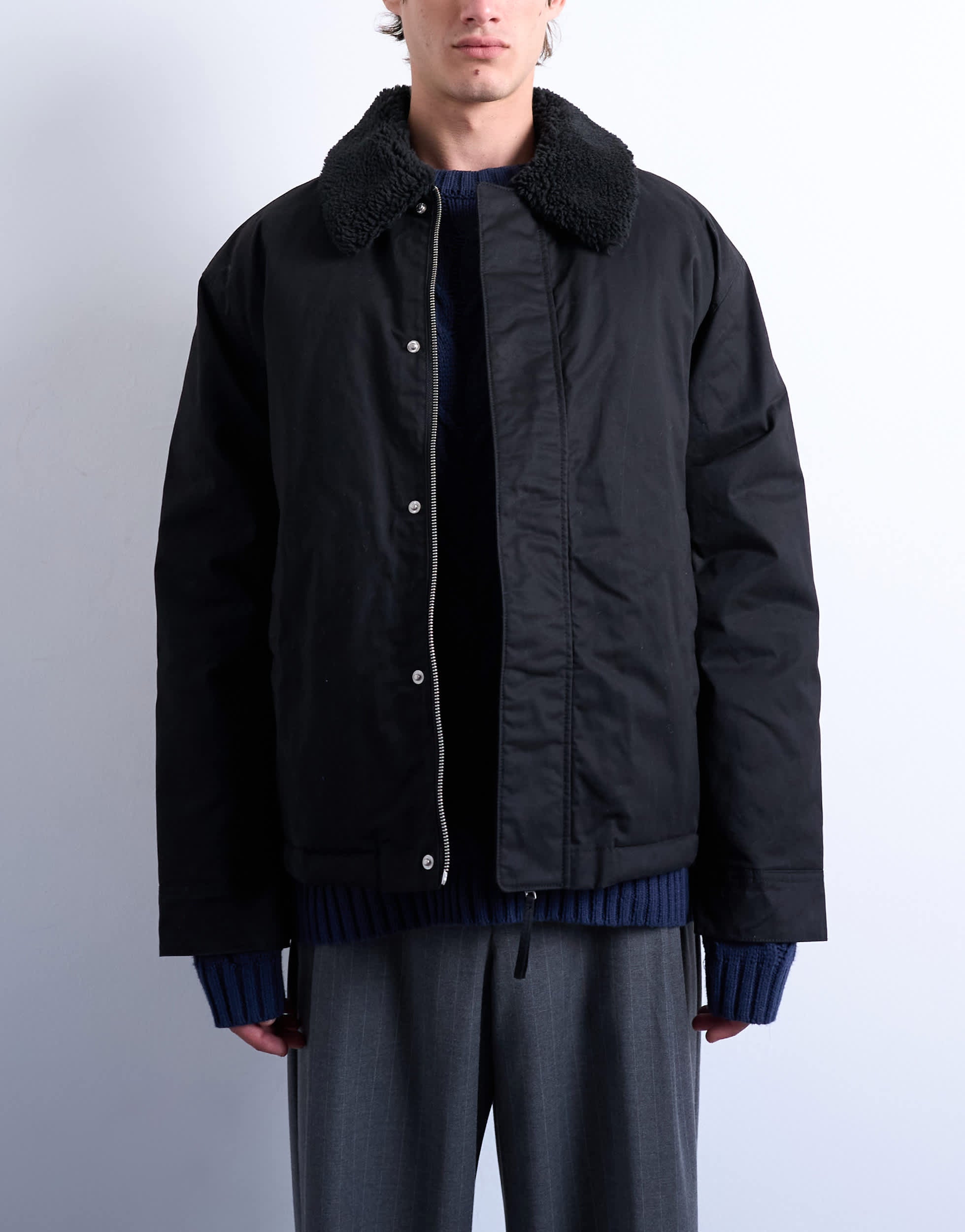 Topman wattierte Coach-Jacke mit Borg-Kragen in Schwarz