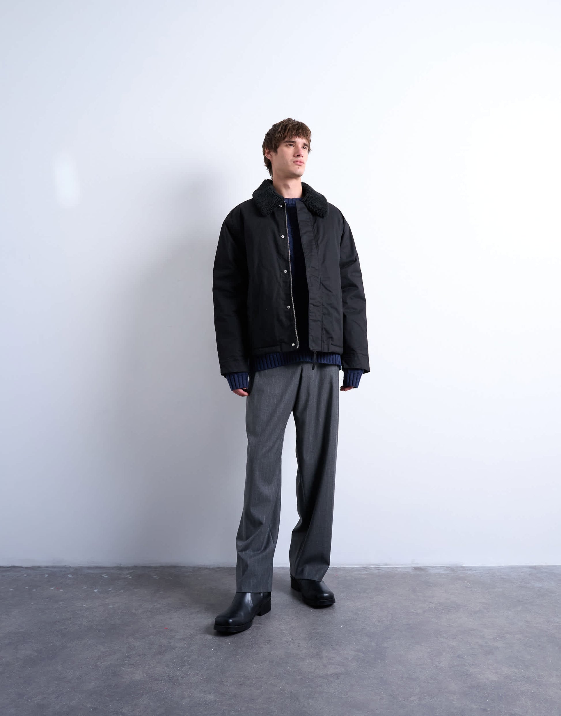 Topman padded coach jacket with borg collar in black