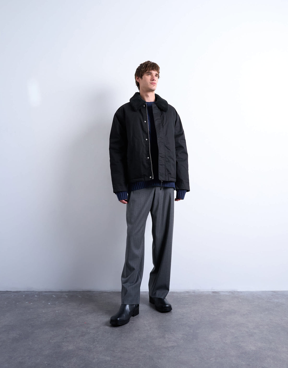 Topman padded coach jacket with borg collar in black