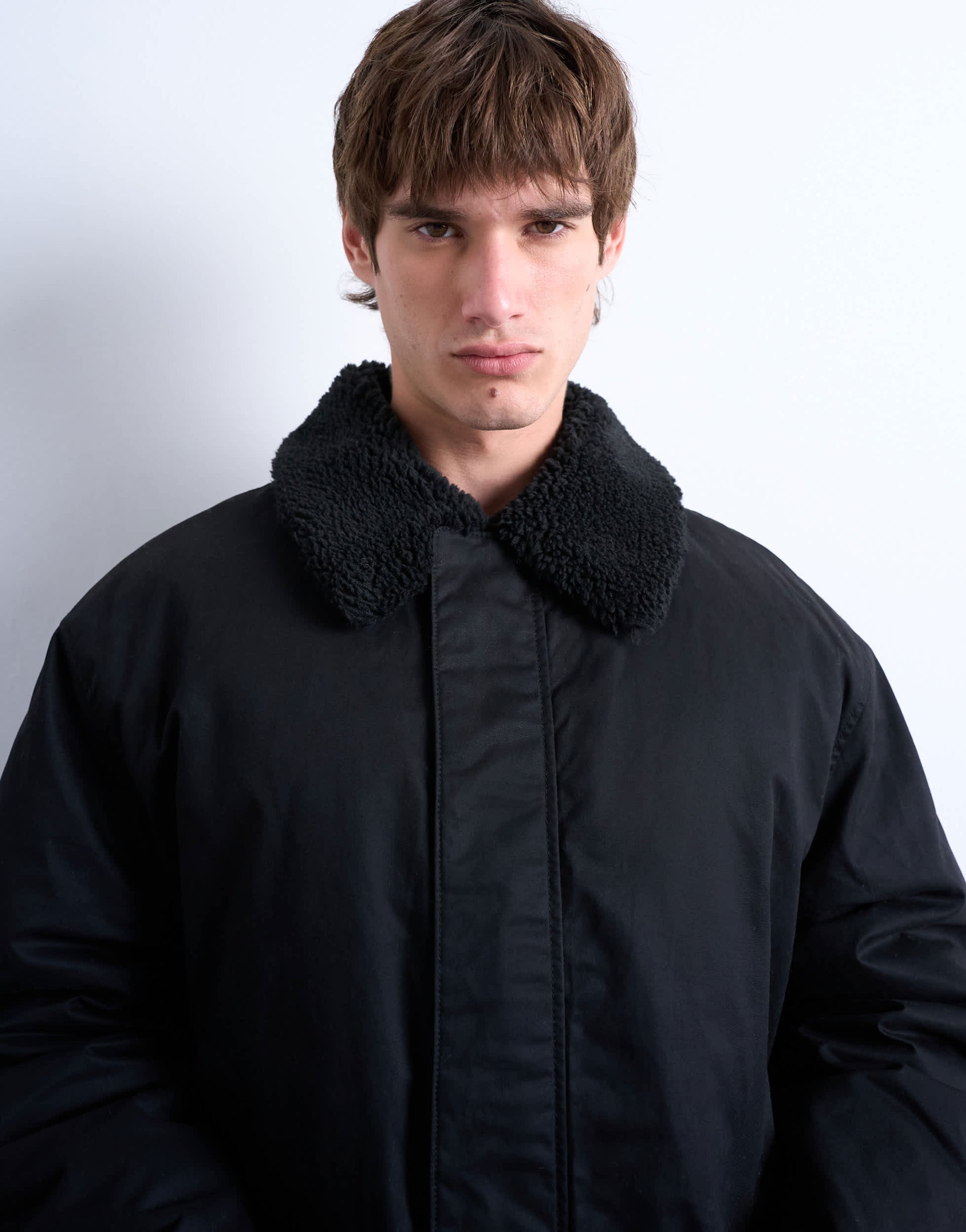 Topman padded coach jacket with borg collar in black