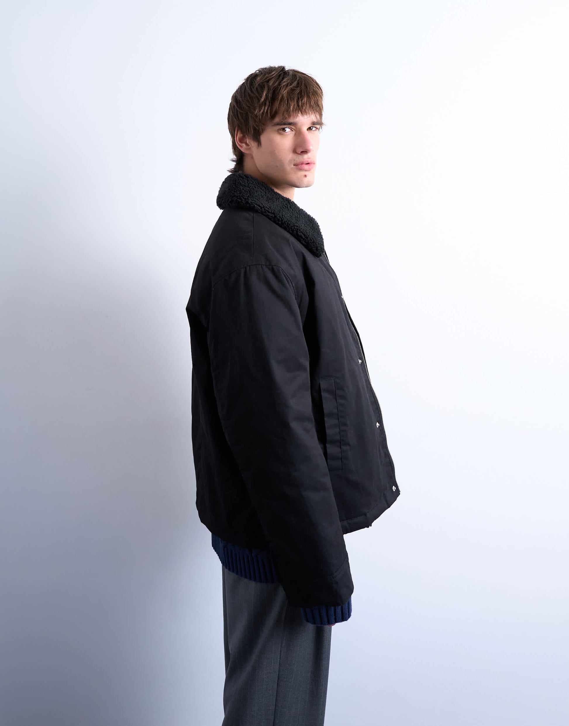 Topman padded coach jacket with borg collar in black