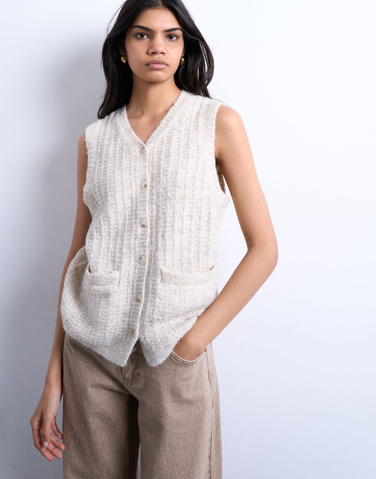 Topshop knitted stitchy pocket tank in oat