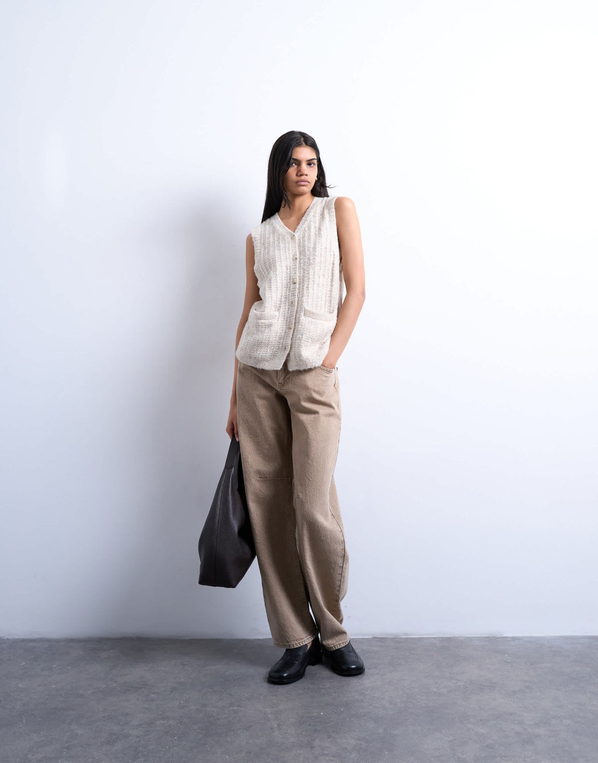 Topshop knitted stitchy pocket tank in oat