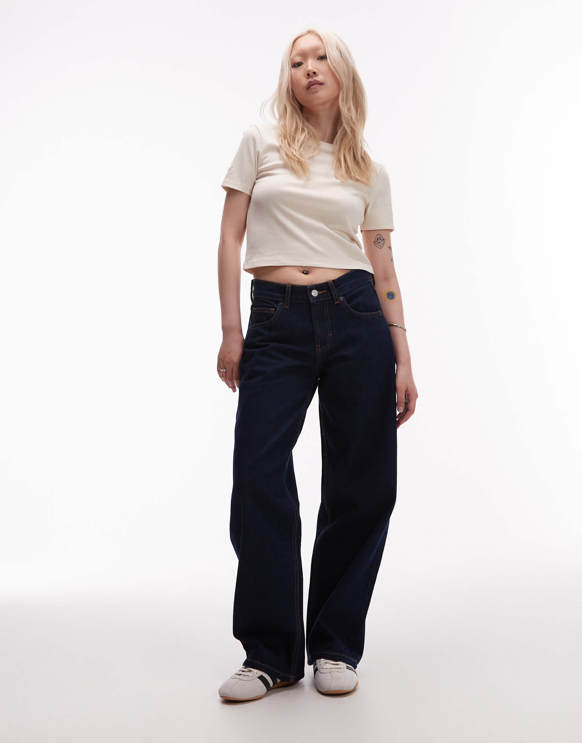 Topshop Petite Cinch low rise relaxed jean in raw look indigo