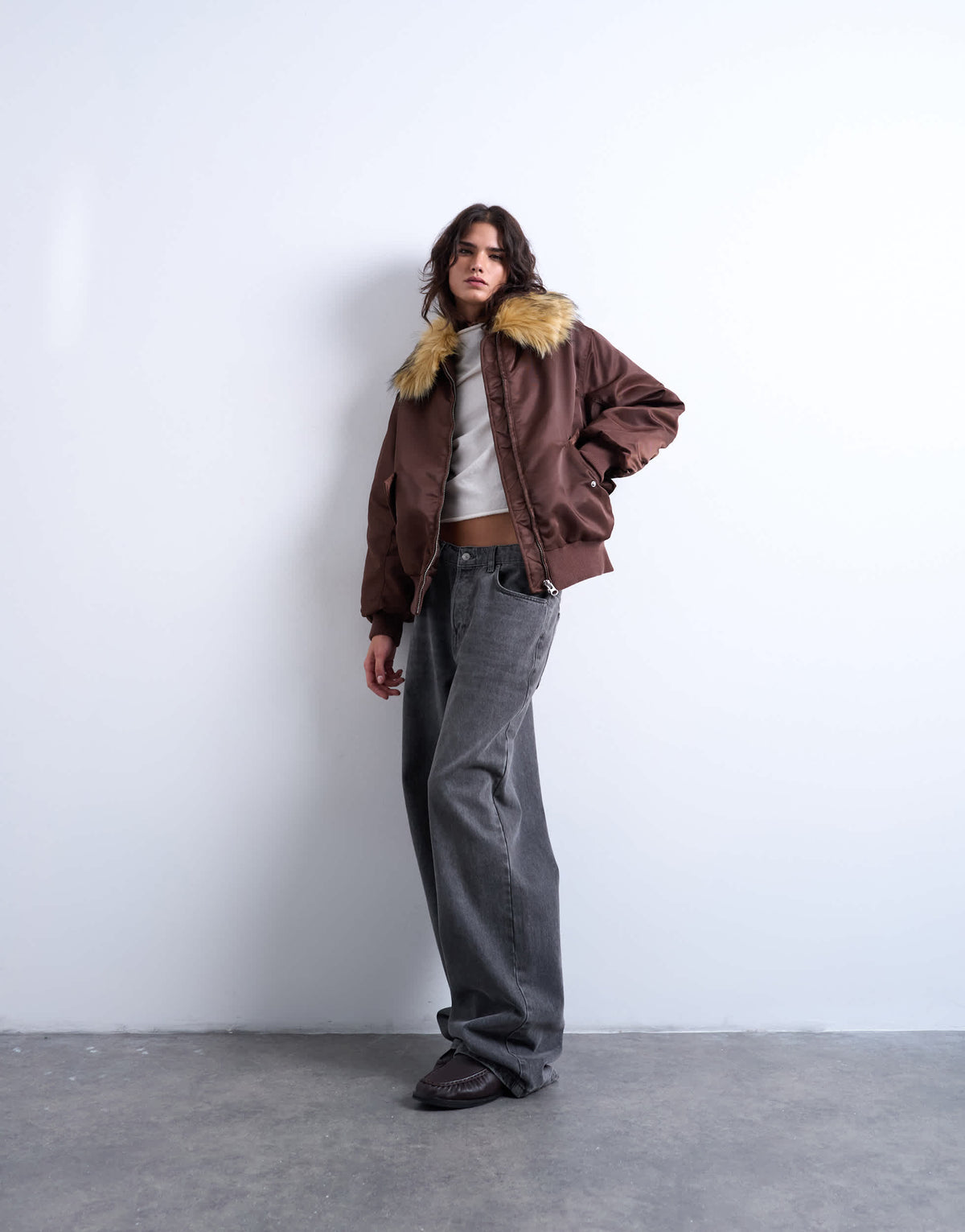 Topshop nylon bomber jacket with a faux fur collar in chocolate