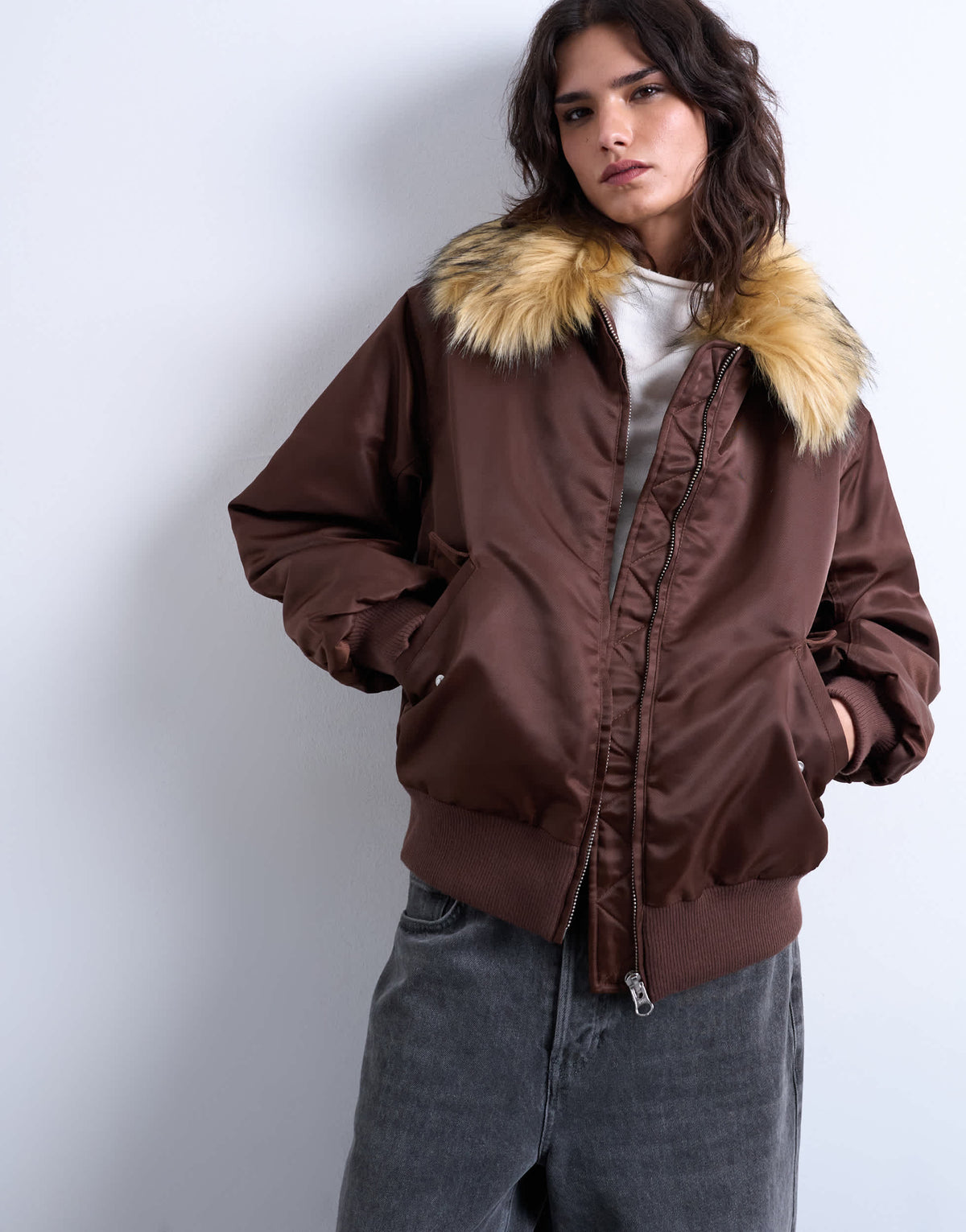 Topshop nylon bomber jacket with a faux fur collar in chocolate
