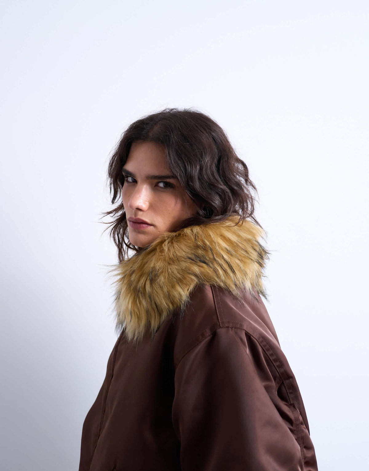 Topshop nylon bomber jacket with a faux fur collar in chocolate