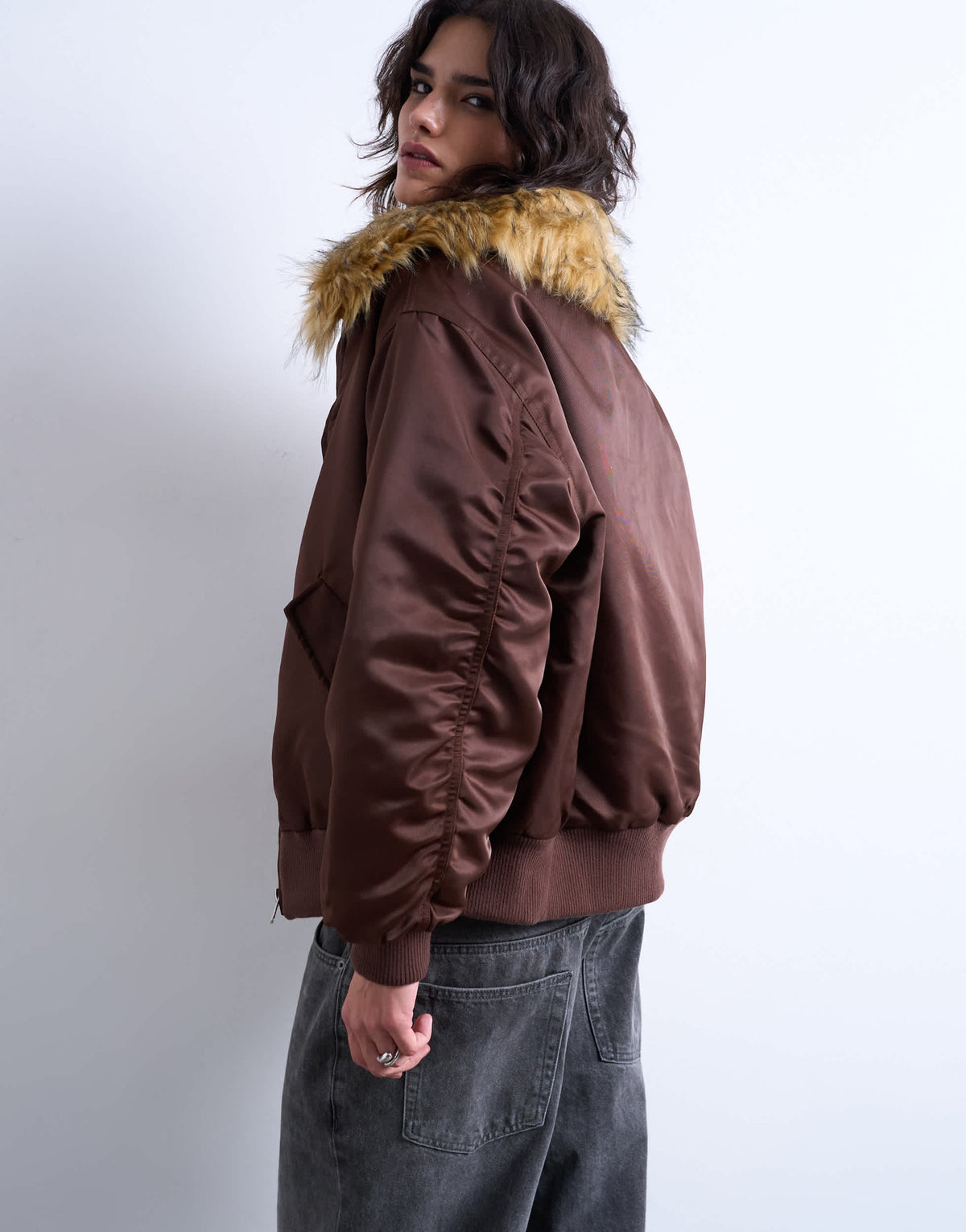 Topshop nylon bomber jacket with a faux fur collar in chocolate
