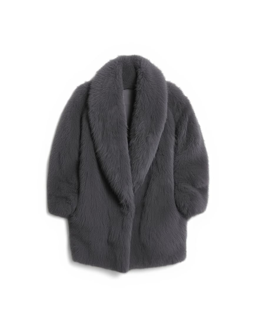 Topshop faux fur shawl mid length coat in charcoal