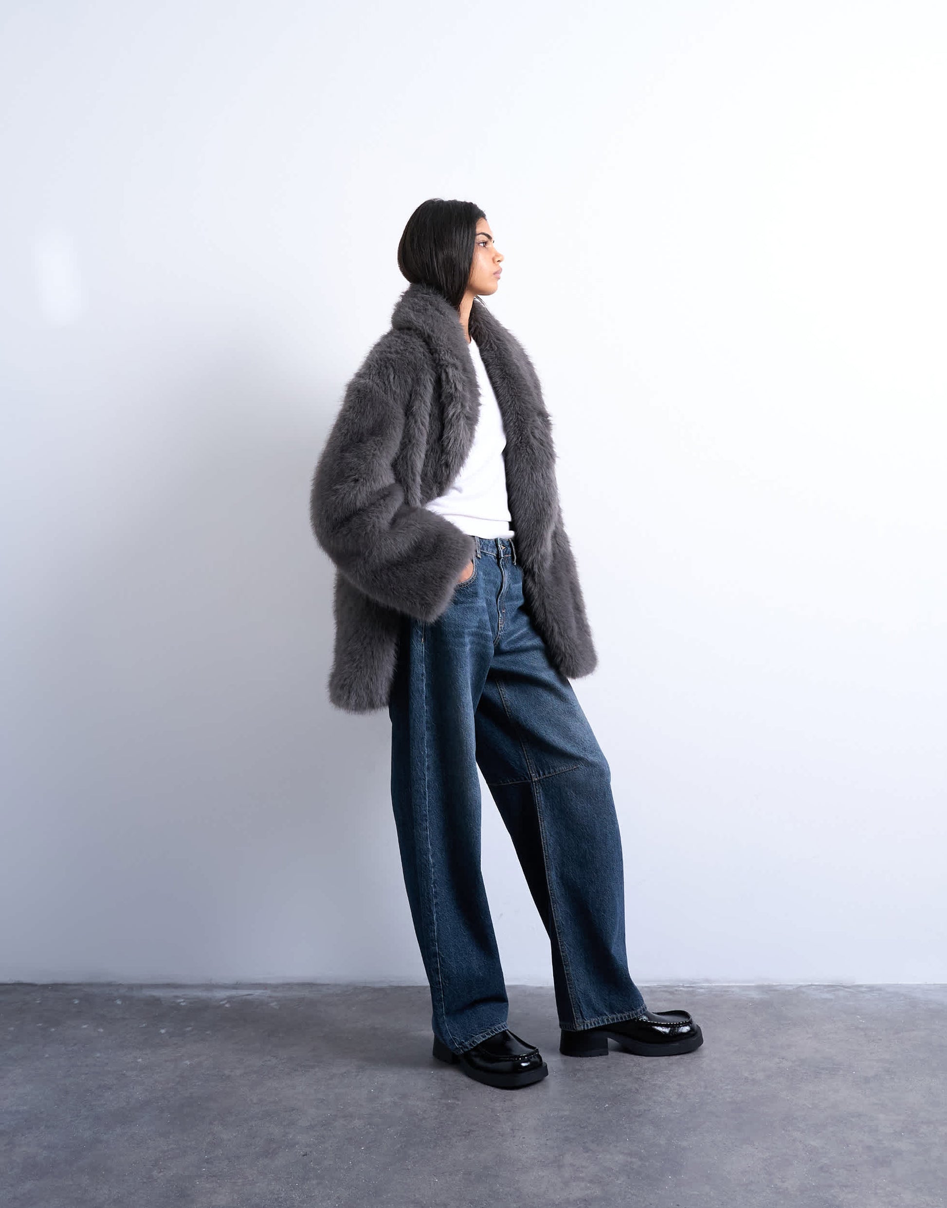Topshop faux fur shawl mid length coat in charcoal