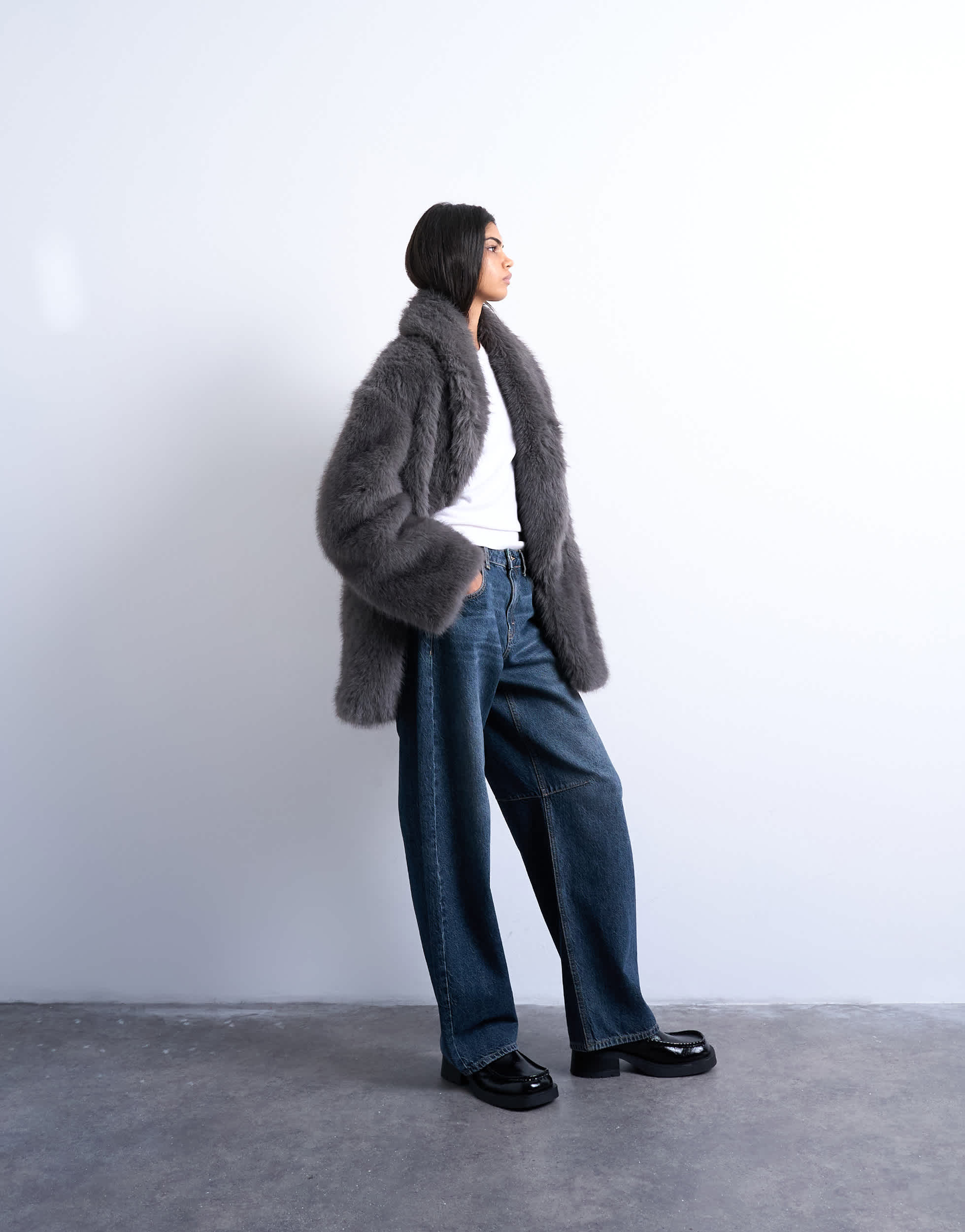 Topshop faux fur shawl mid length coat in charcoal