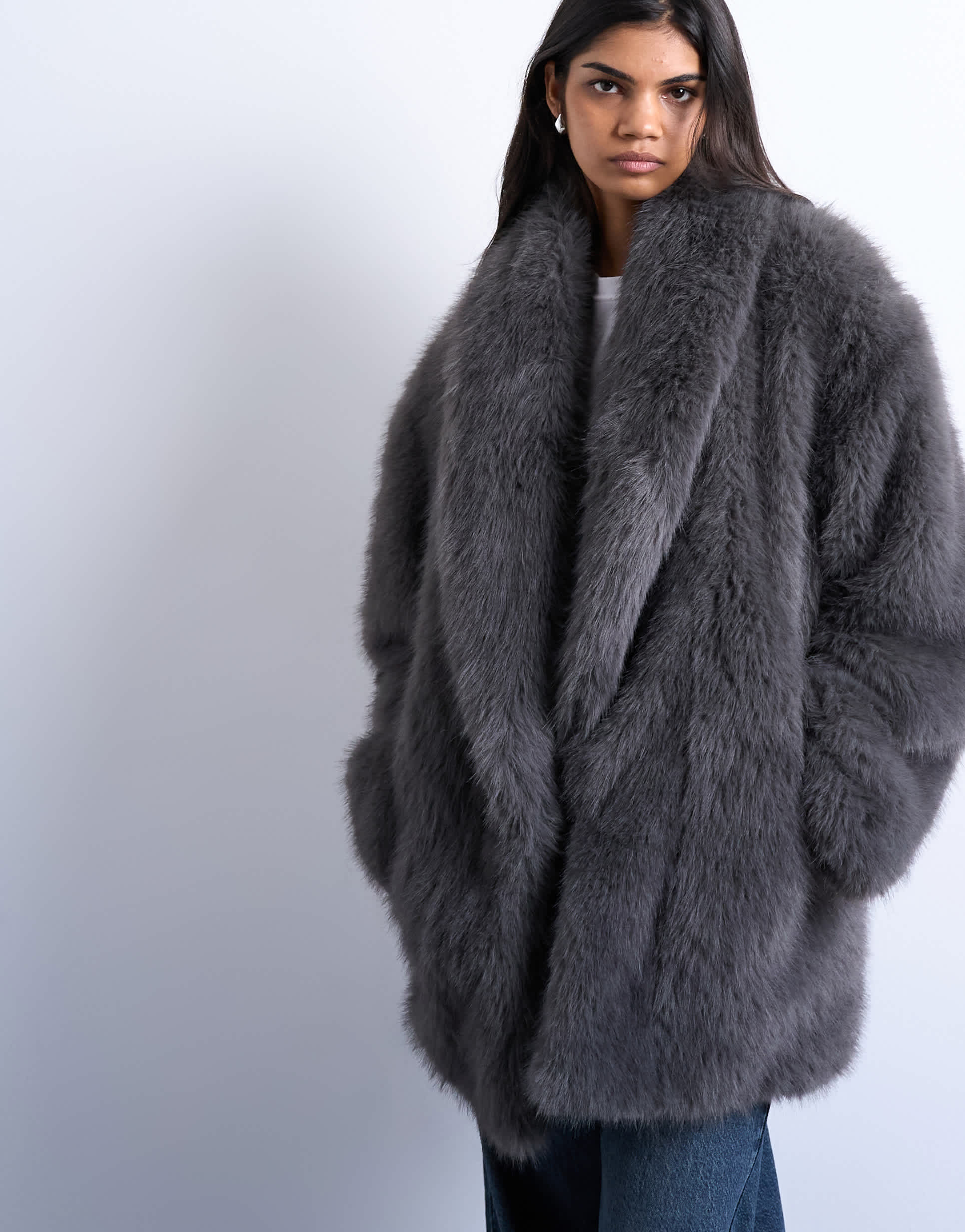 Topshop faux fur shawl mid length coat in charcoal