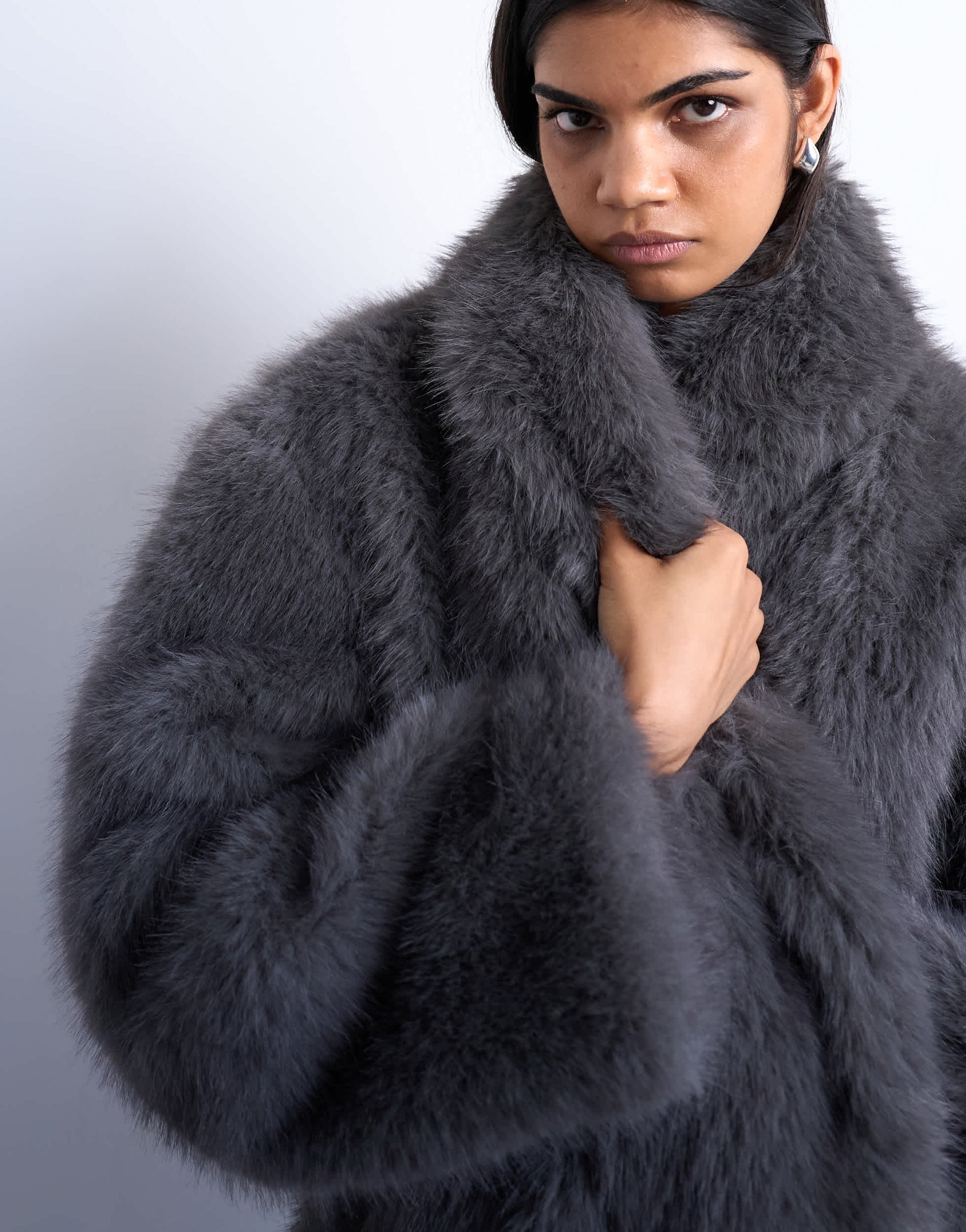 Topshop faux fur shawl mid length coat in charcoal