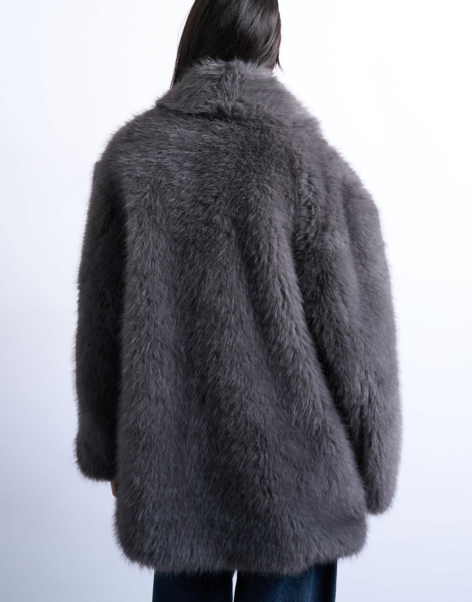 Topshop faux fur shawl mid length coat in charcoal