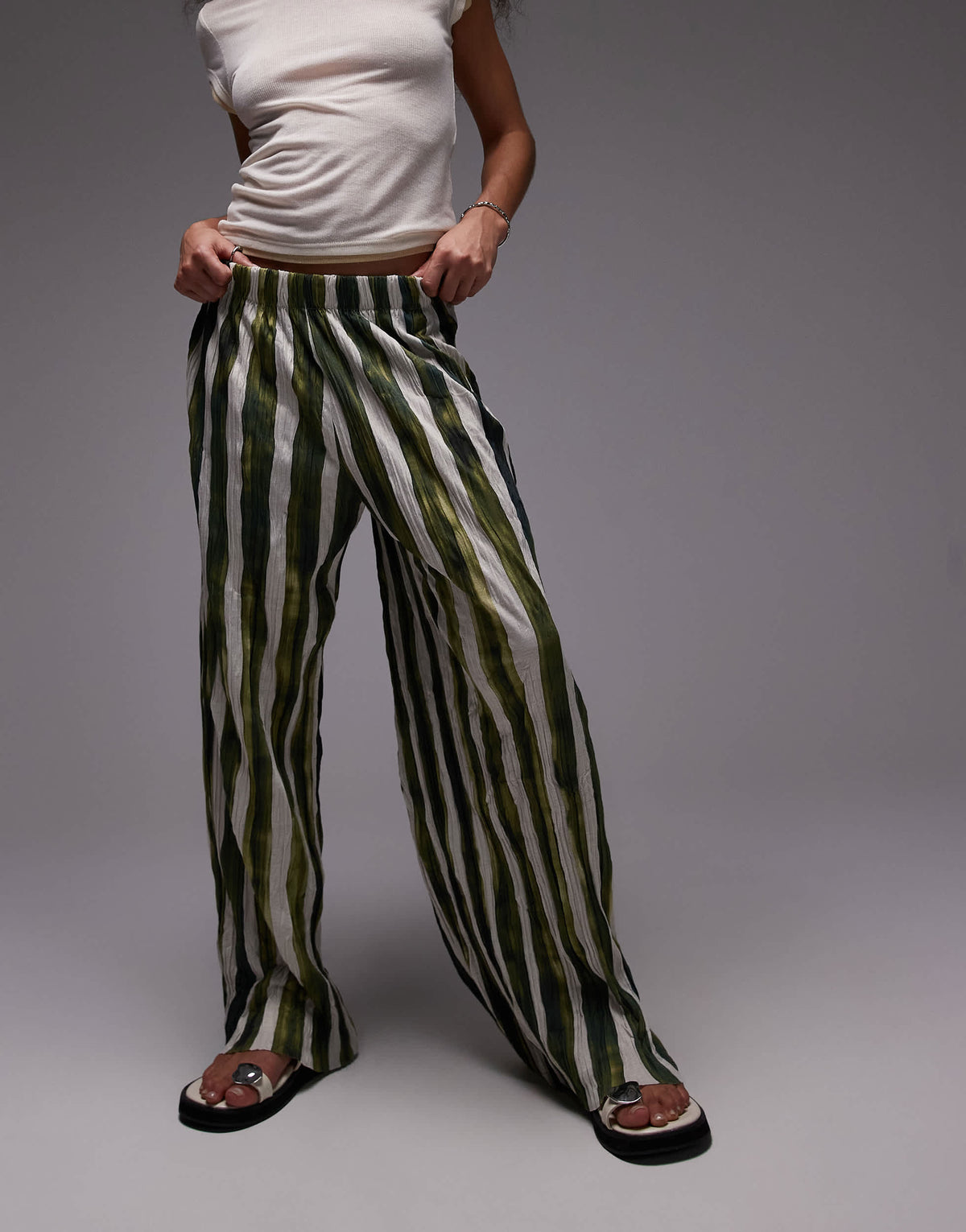 Topshop stripe crinkle wide leg trousers in green