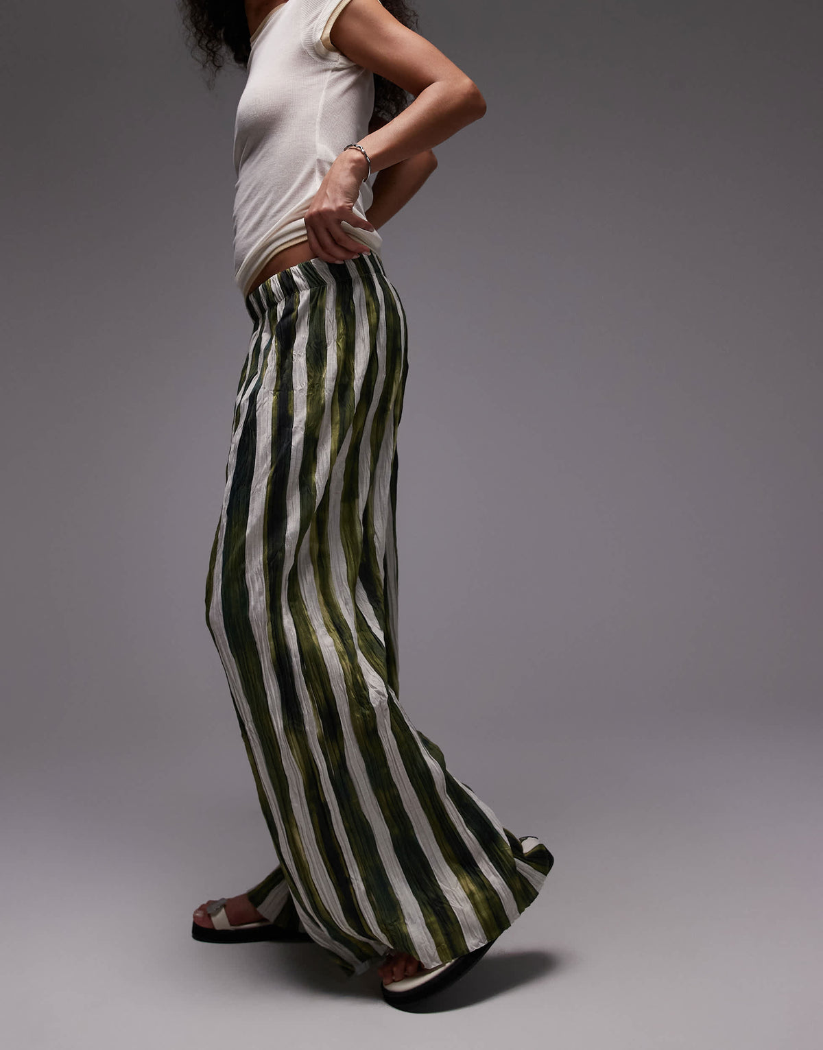 Topshop stripe crinkle wide leg trousers in green
