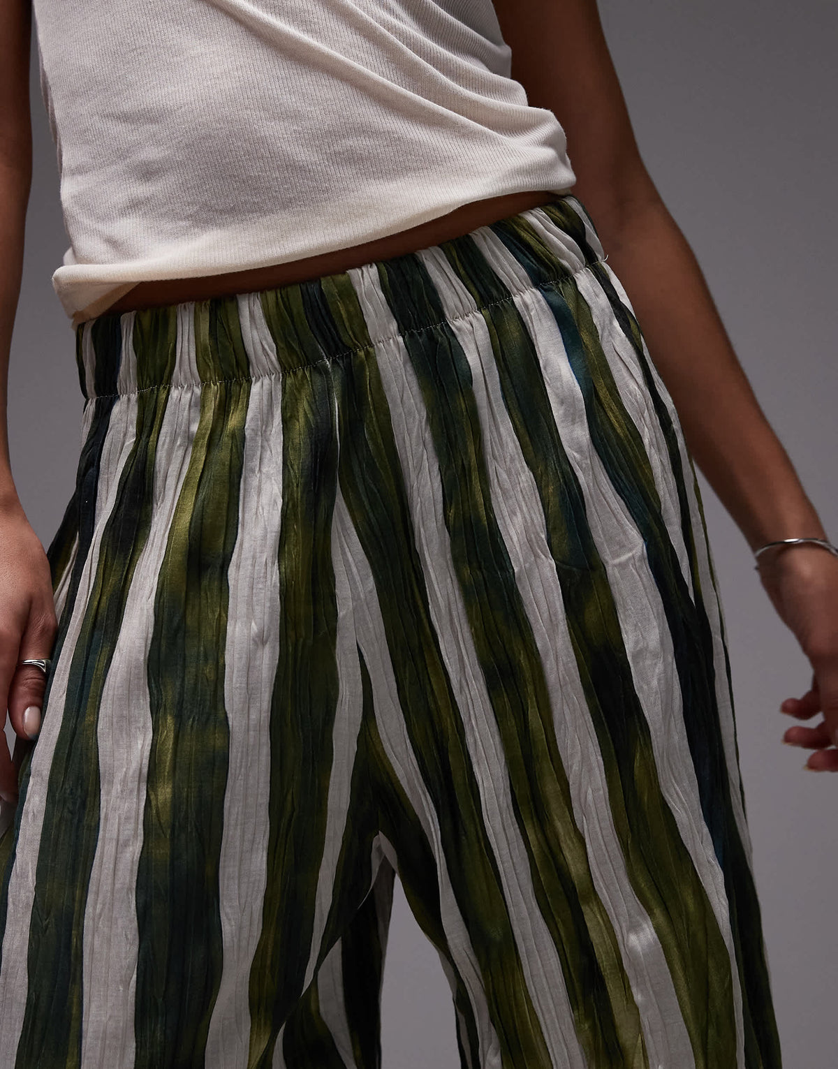 Topshop stripe crinkle wide leg trousers in green