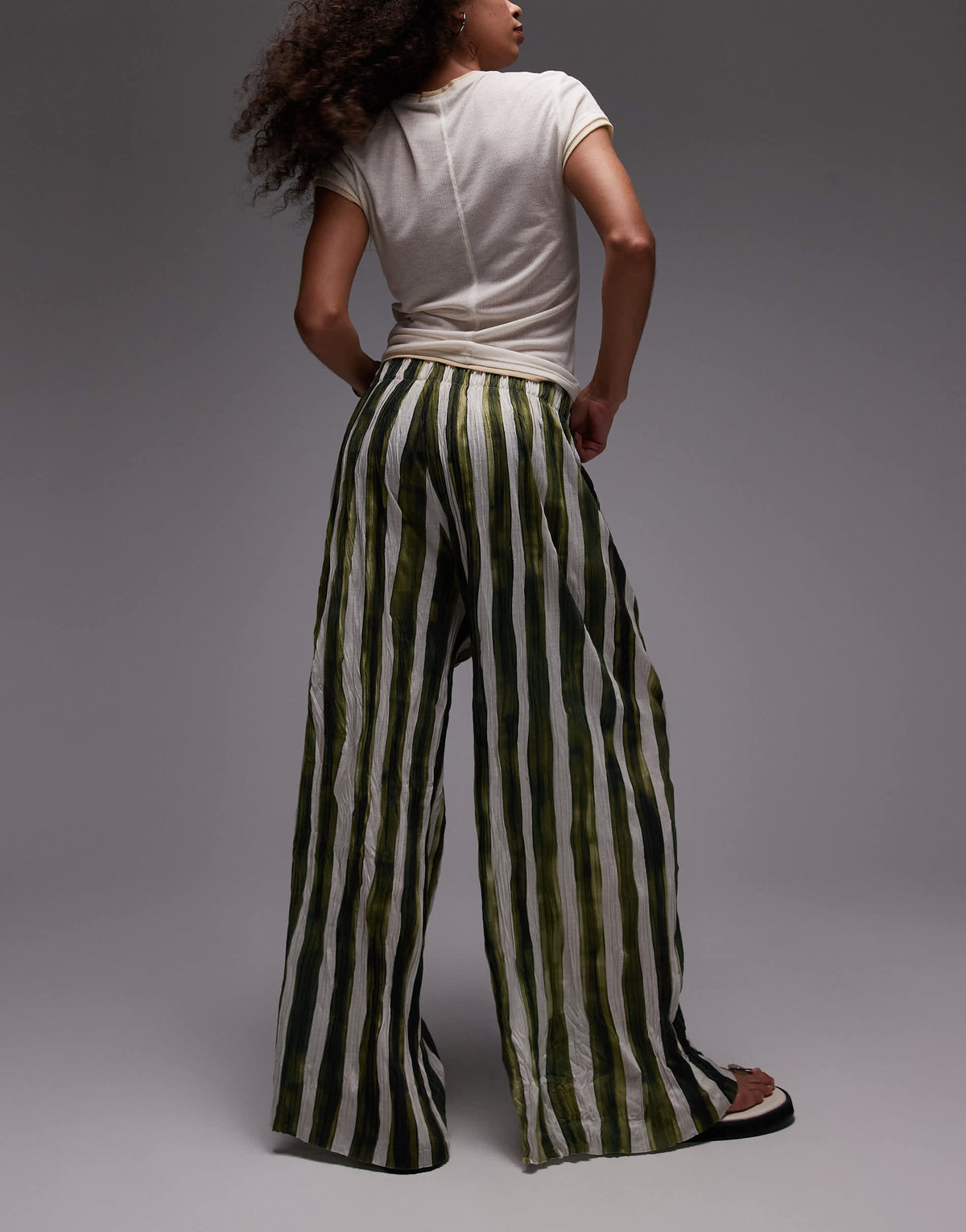 Topshop stripe crinkle wide leg trousers in green
