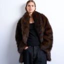Topshop faux fur shawl mid length coat in chocolate