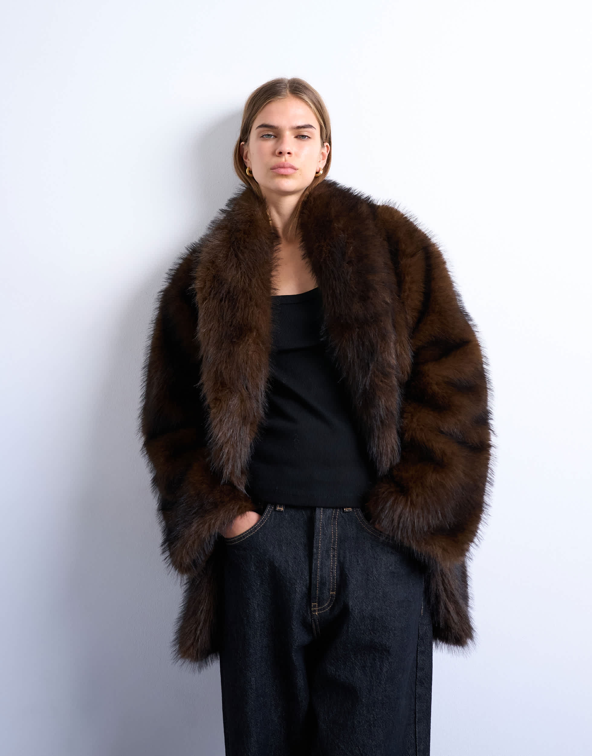 Topshop faux fur shawl mid length coat in chocolate