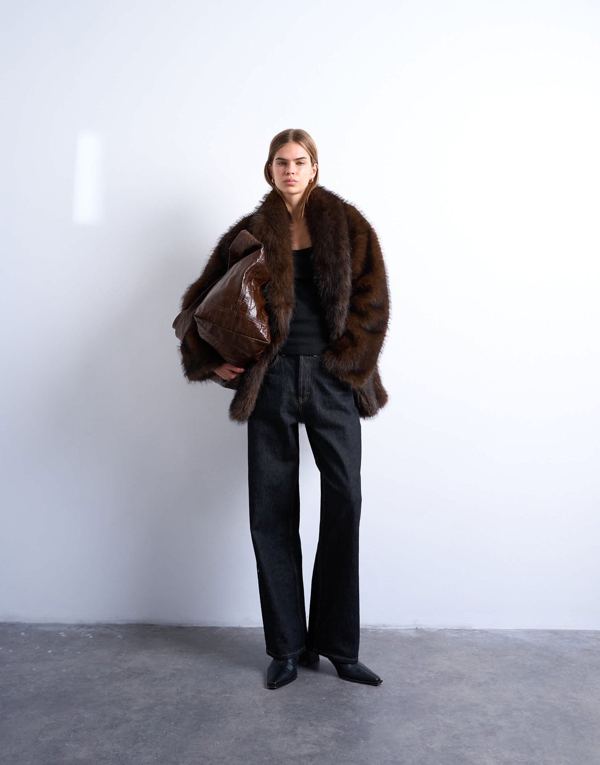 Topshop faux fur shawl mid length coat in chocolate