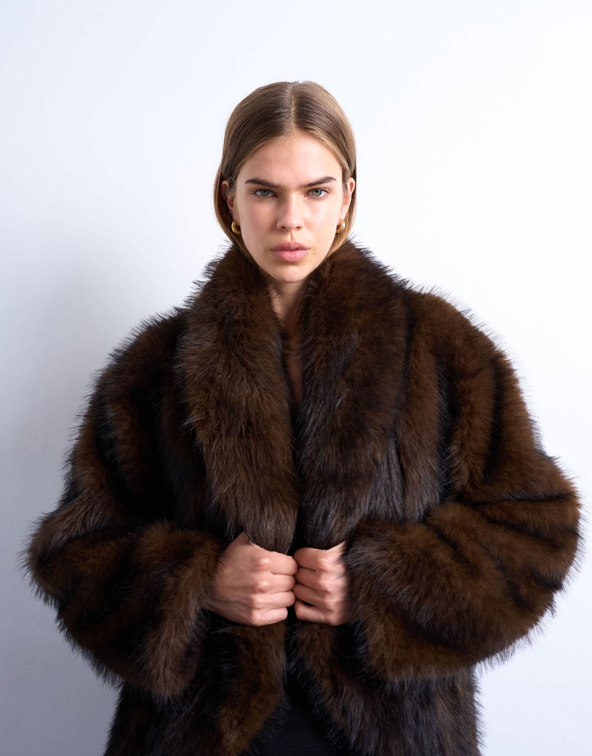 Topshop faux fur shawl mid length coat in chocolate