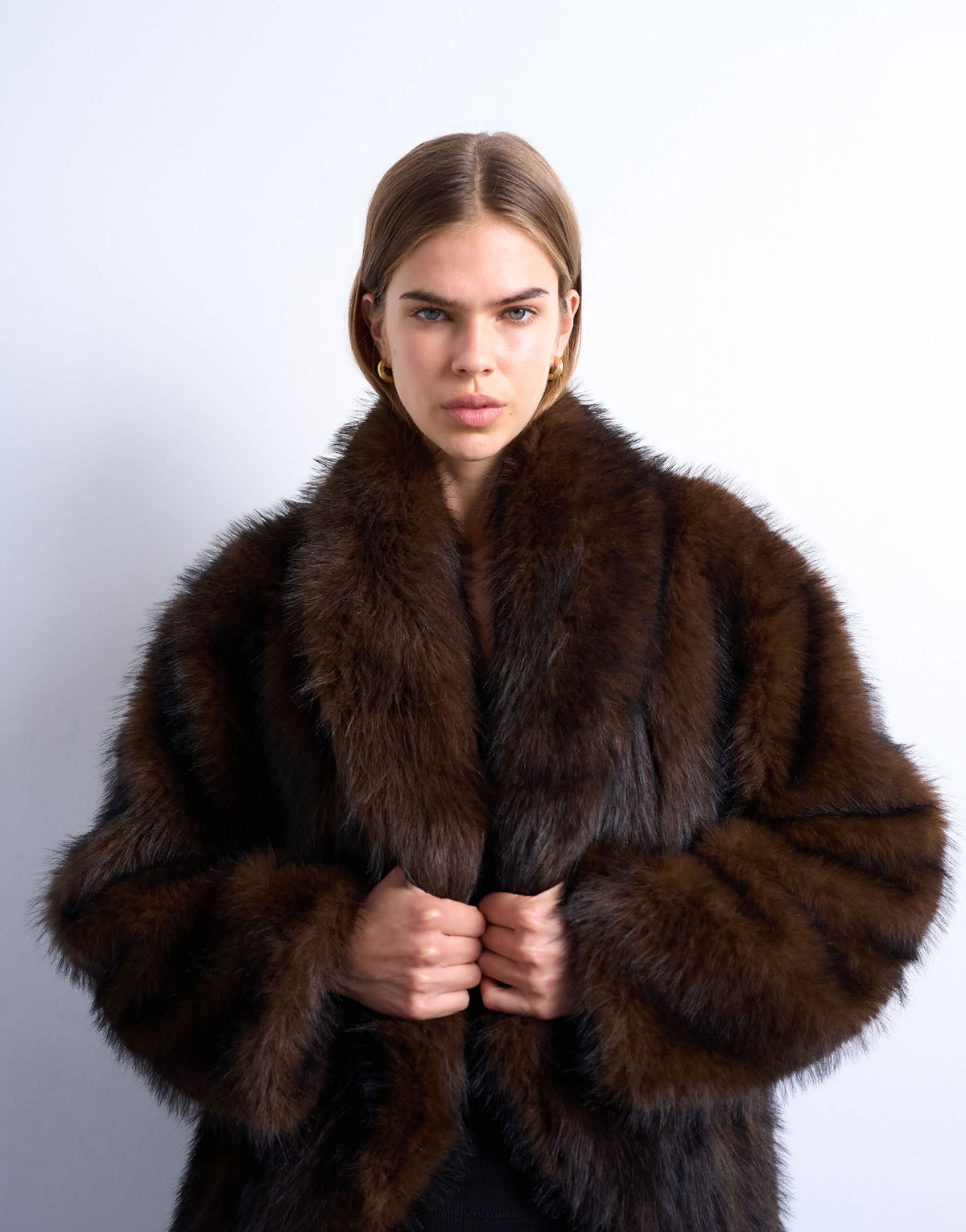 Topshop faux fur shawl mid length coat in chocolate