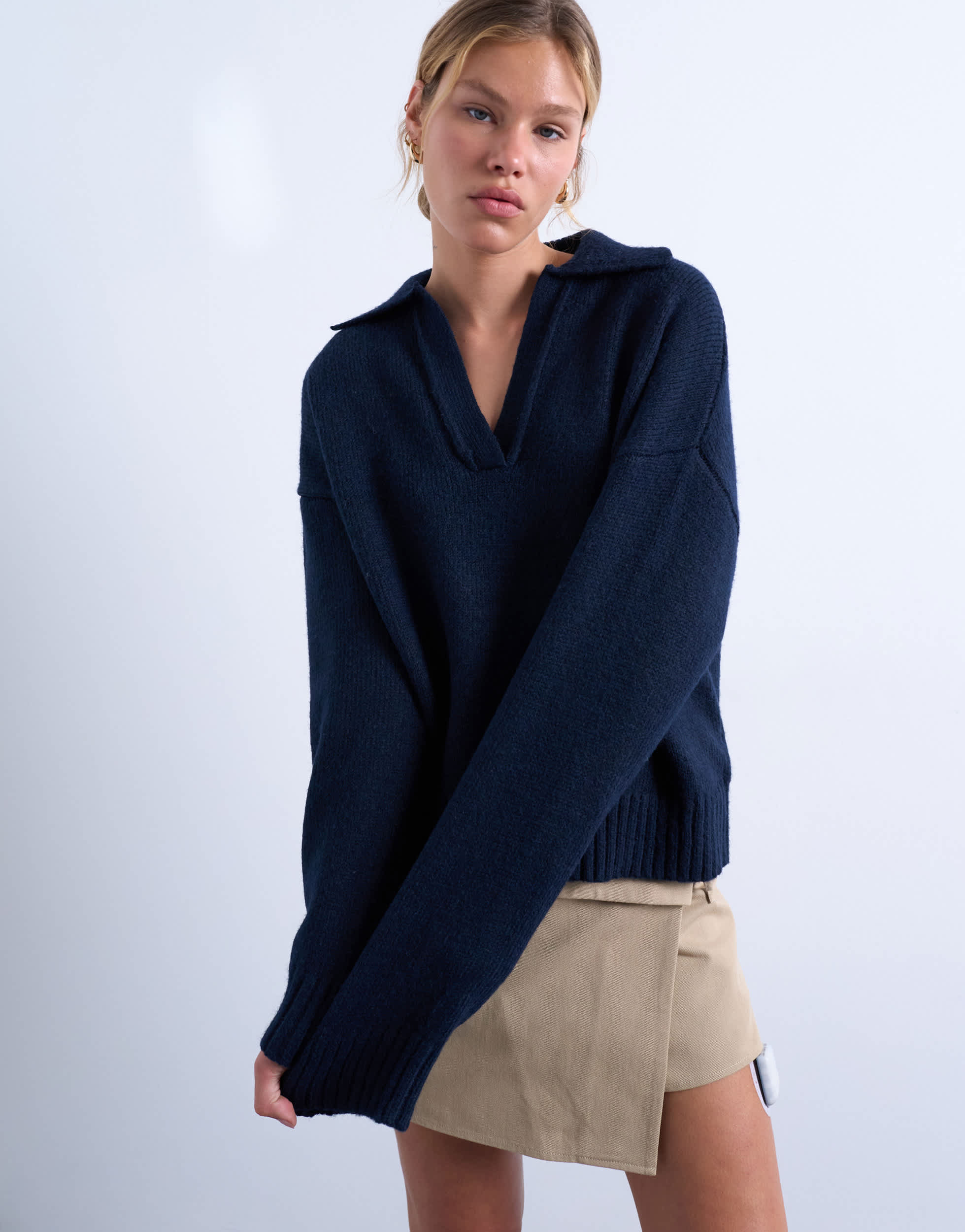Topshop knitted v neck collar jumper in navy