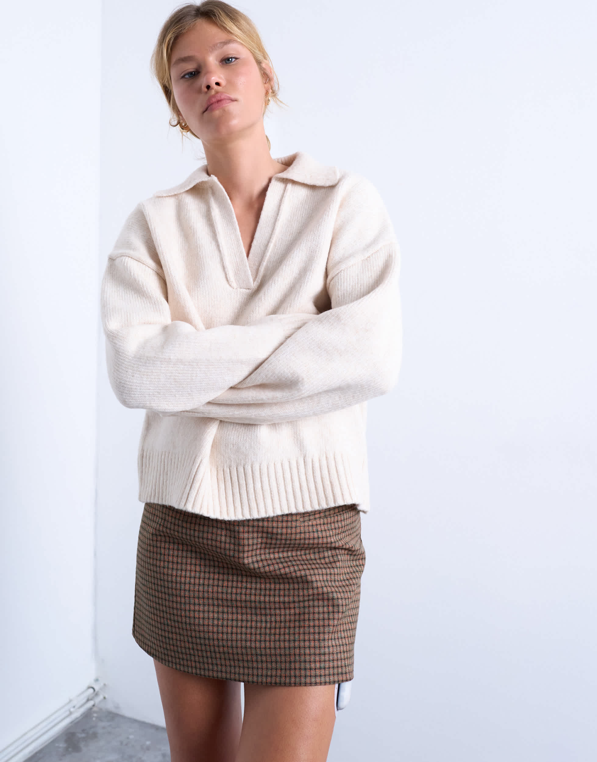 Topshop Strickpullover mit V-Ausschnitt in Hafer