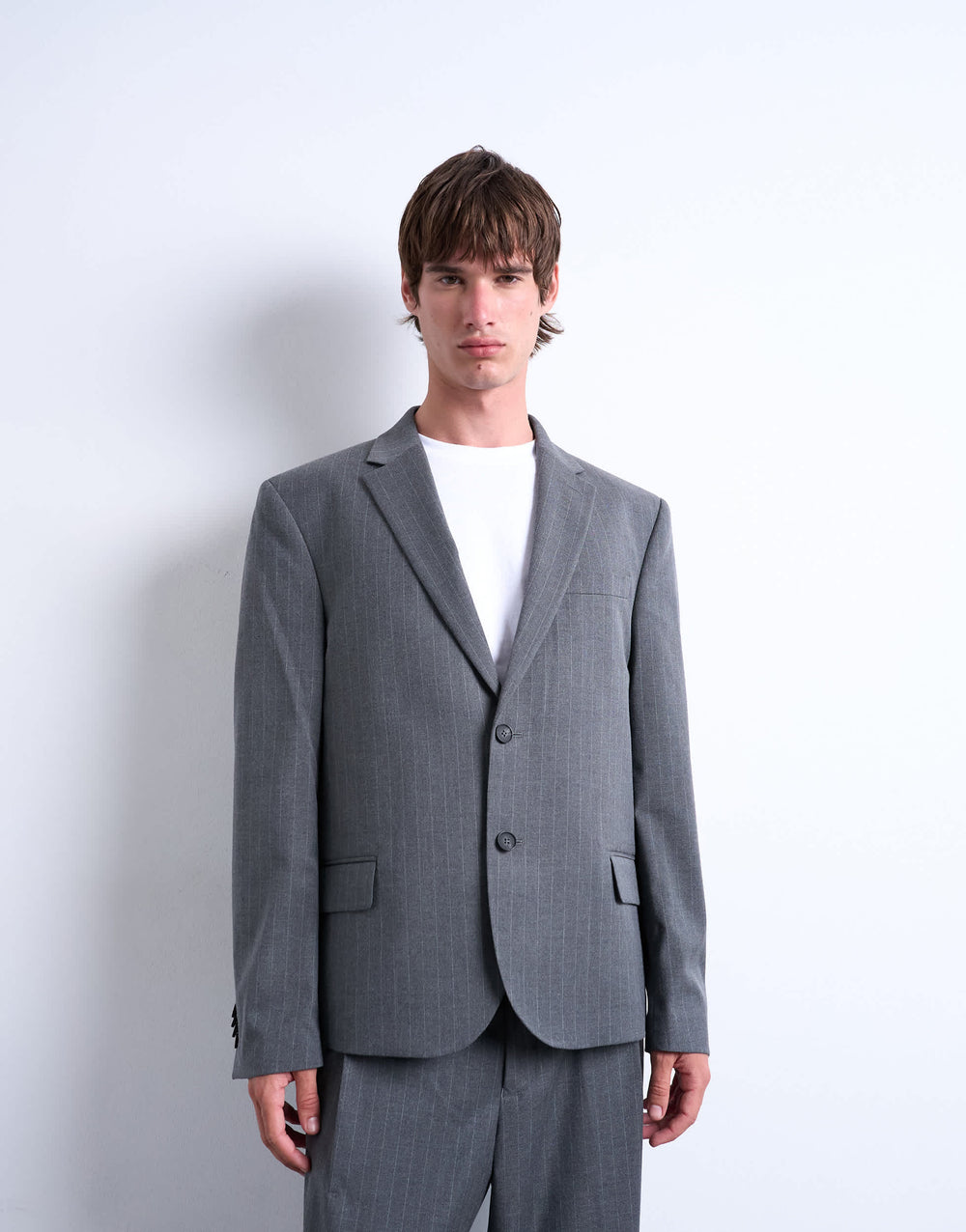 Topman relaxed boxy blazer in charcoal pinstripe