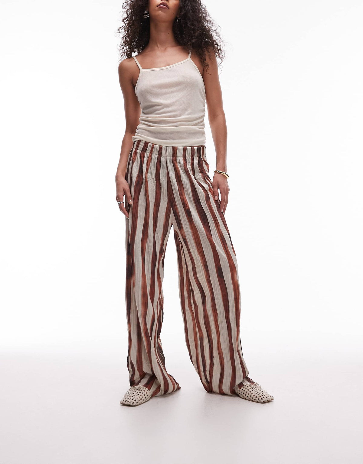 Topshop stripe crinkle wide leg trousers in brown