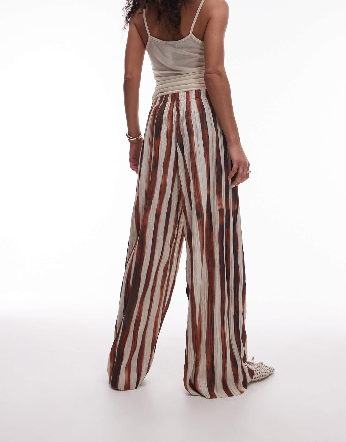 Topshop stripe crinkle wide leg trousers in brown