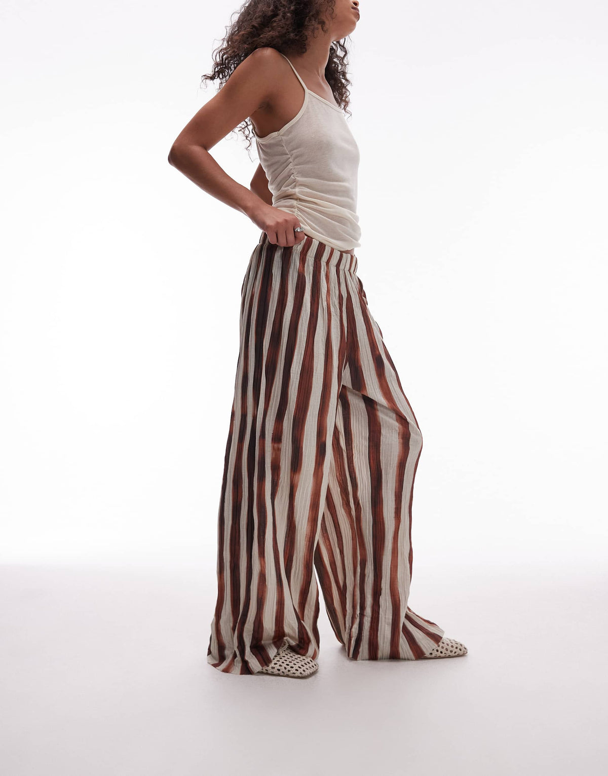 Topshop stripe crinkle wide leg trousers in brown