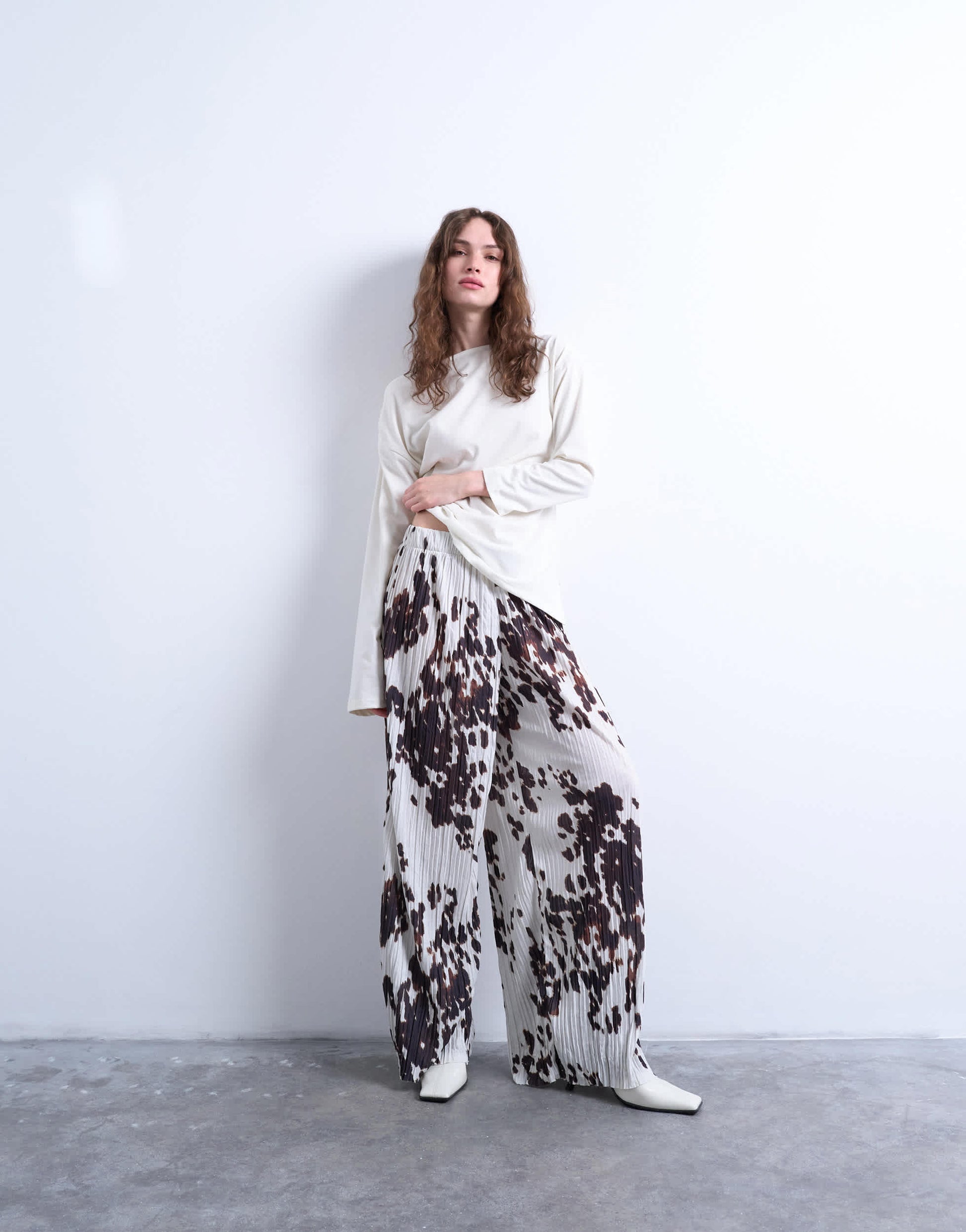 Topshop crinkle wide leg trousers in cow print
