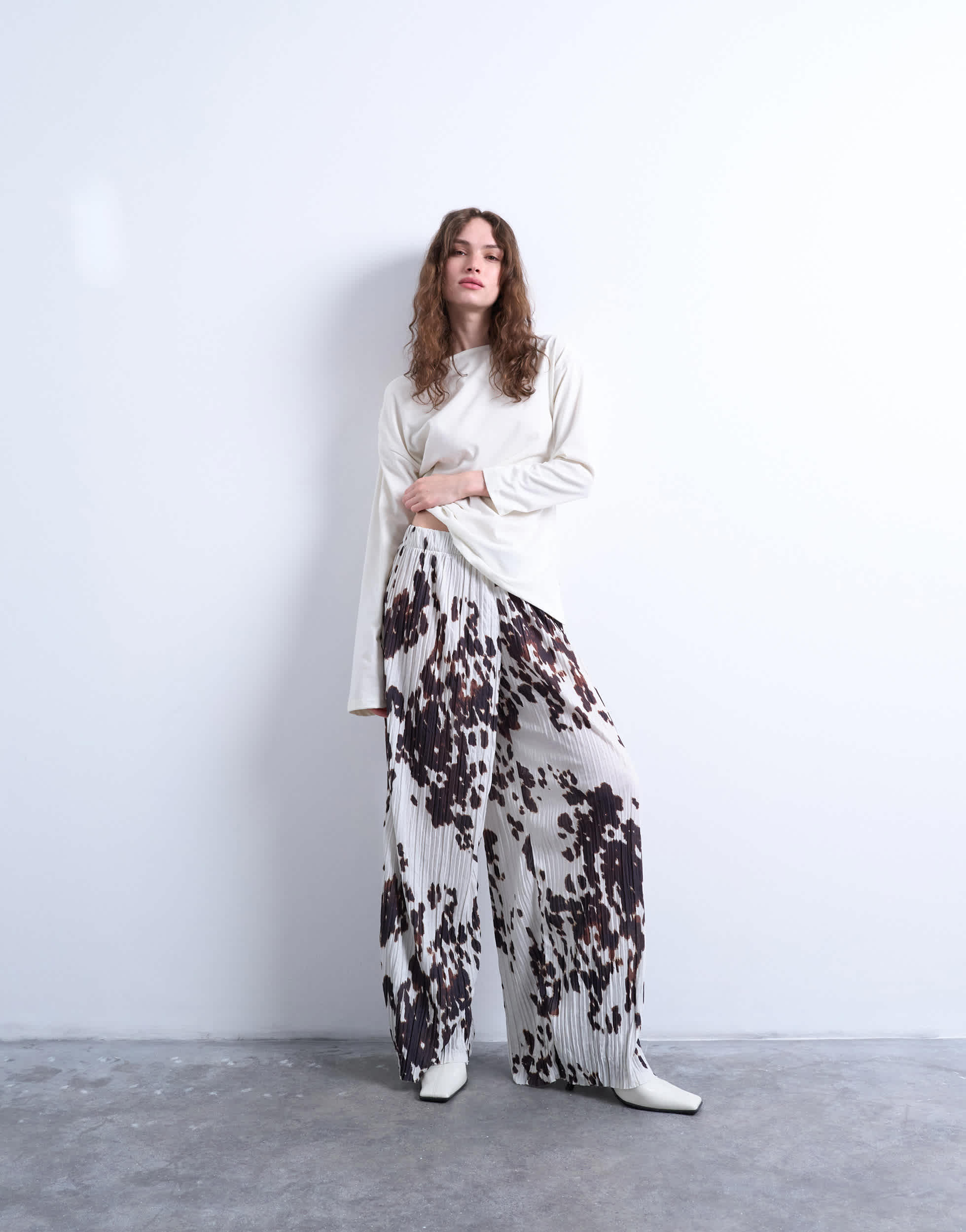 Topshop crinkle wide leg trousers in cow print