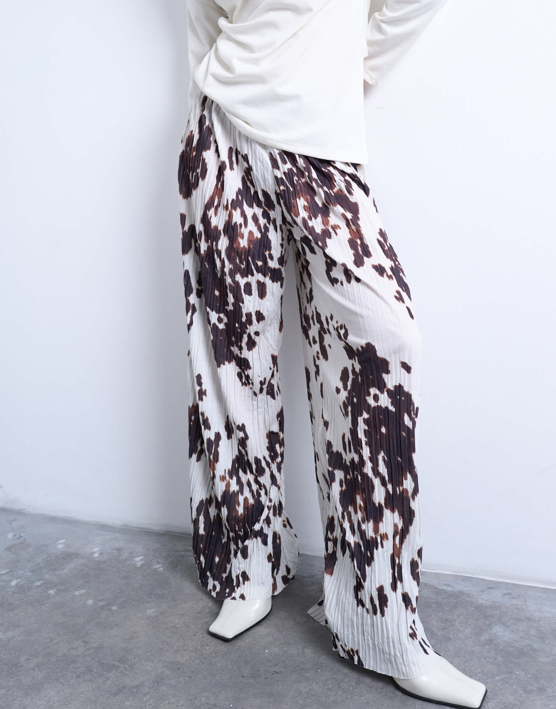 Topshop crinkle wide leg trousers in cow print