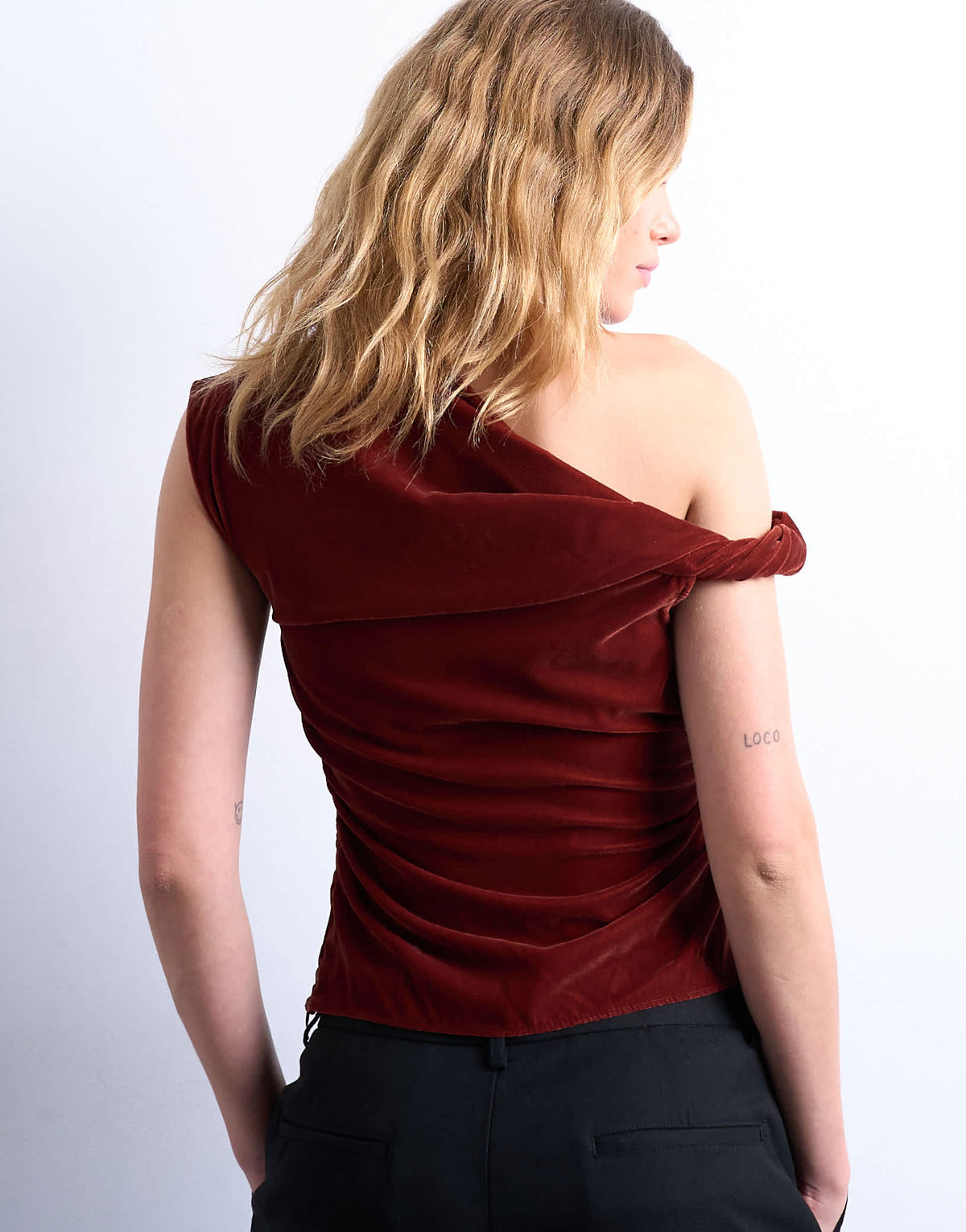 Topshop twist shoulder velvet top in tobacco